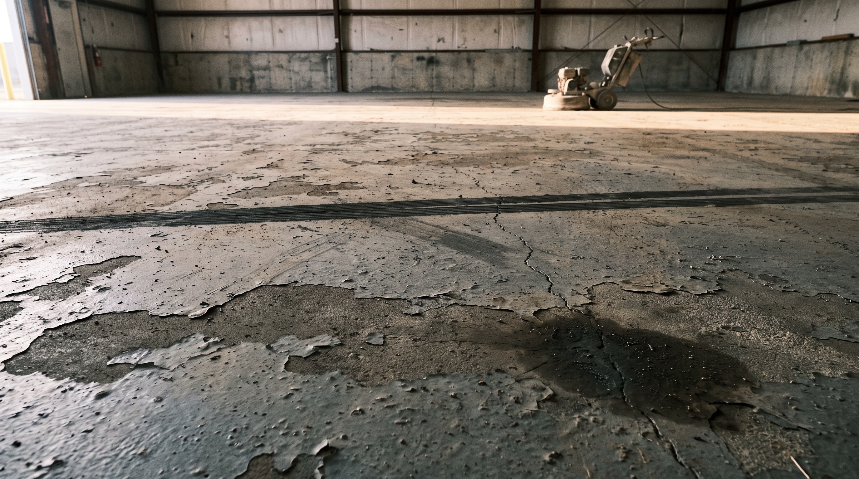 Bare warehouse slab with a peeling old coating, forklift tire marks and an oil stain, before any prep