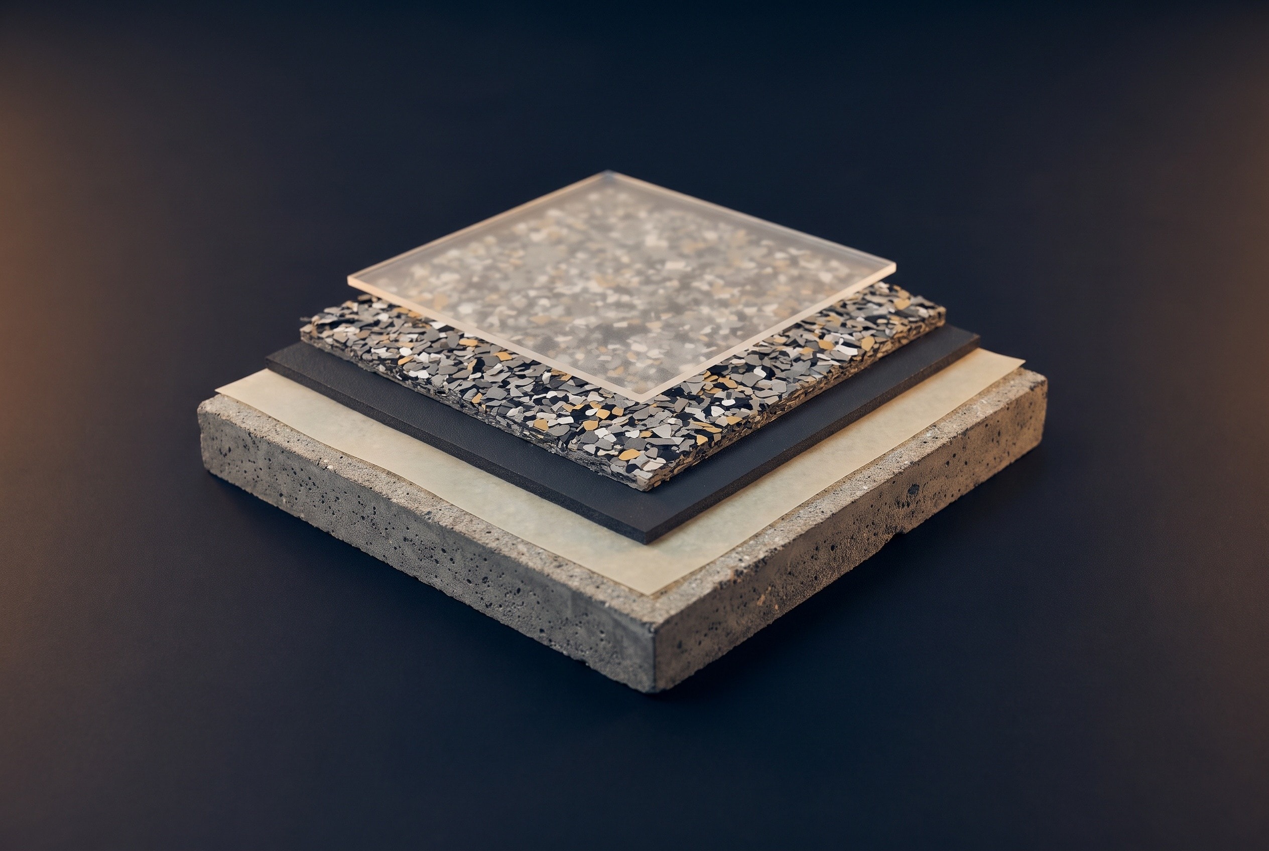 Cutaway model of a flake floor, lifted layer by layer: ground concrete at the bottom, a thin pale vapor barrier, a dark base coat, a dense bed of vinyl chip and a glossy clear coat on top