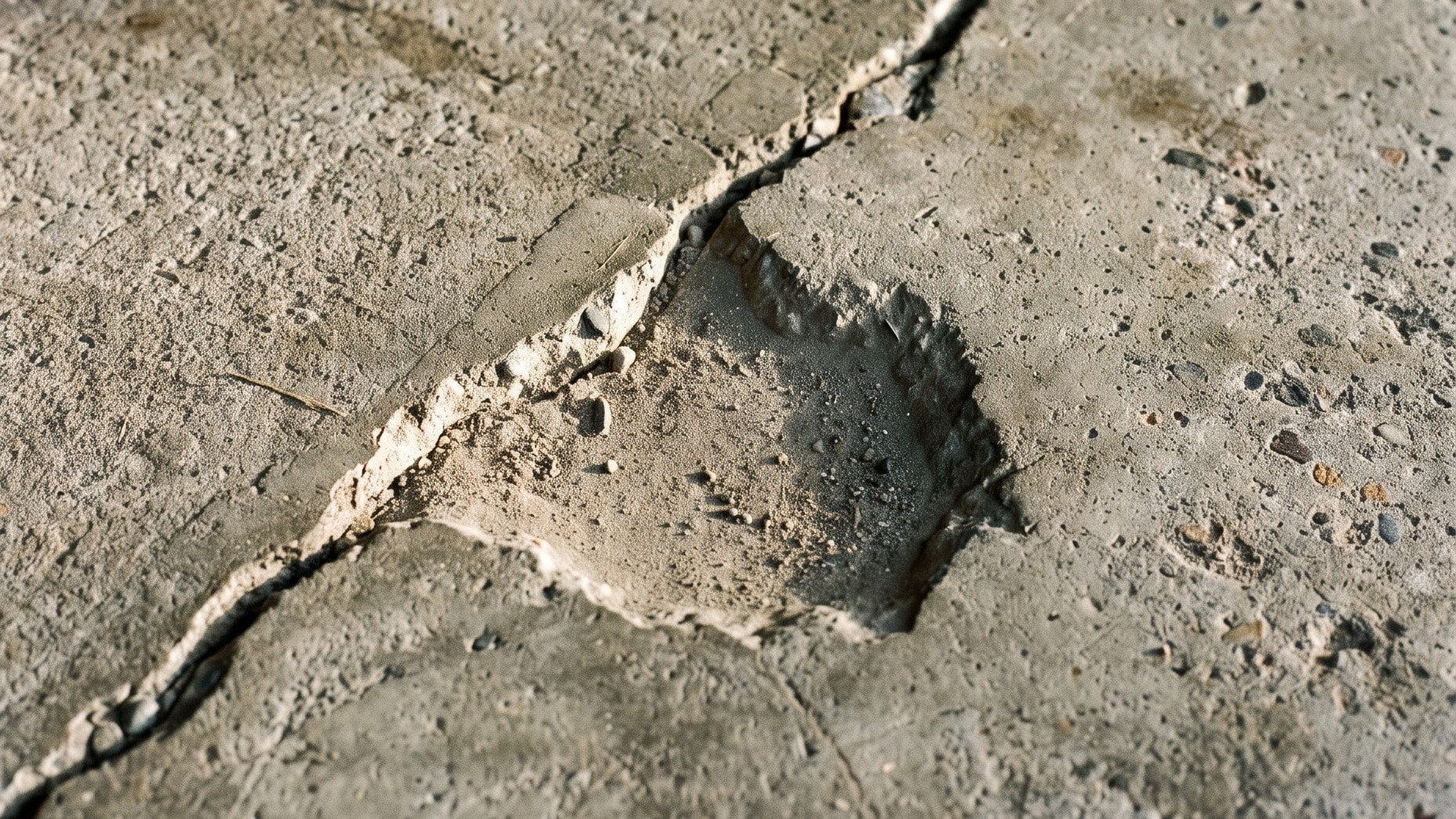 Cracked concrete slab with a chunk broken out along the crack, in daylight