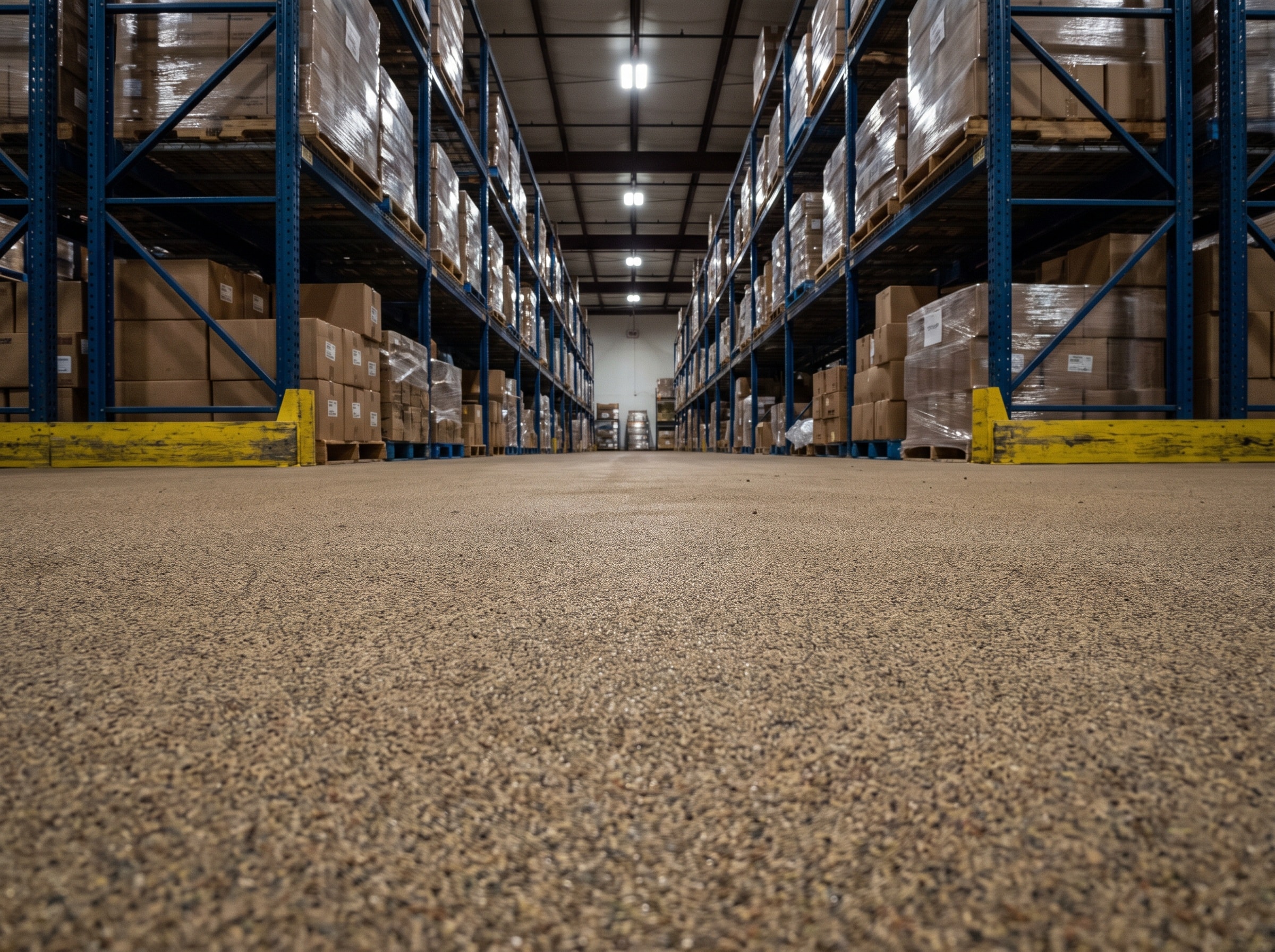 Warehouse aisle between pallet racking with a sand-colored quartz broadcast floor and a yellow safety stripe