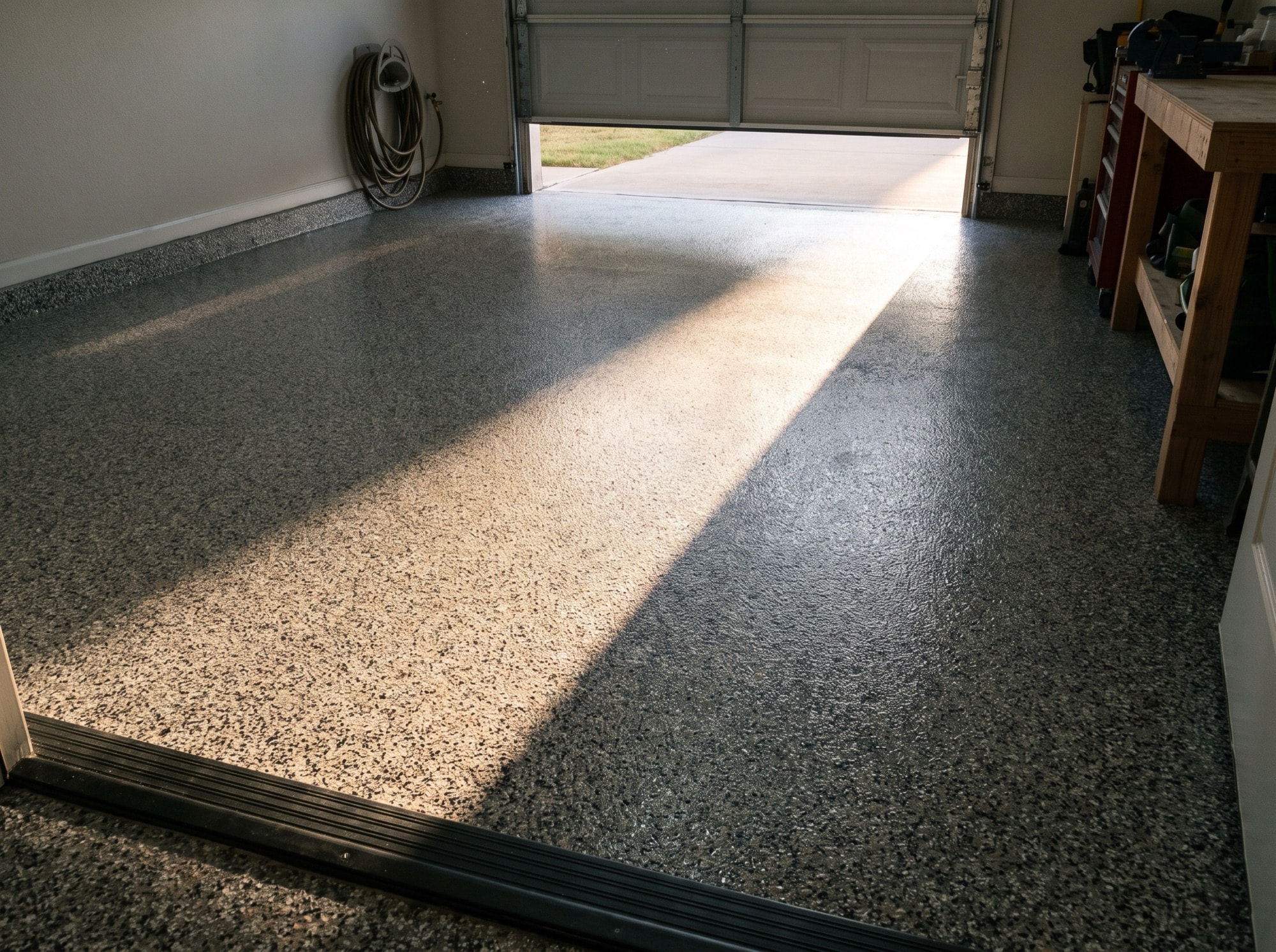 Hard afternoon sun on the first strip of a flake garage floor just inside the open door