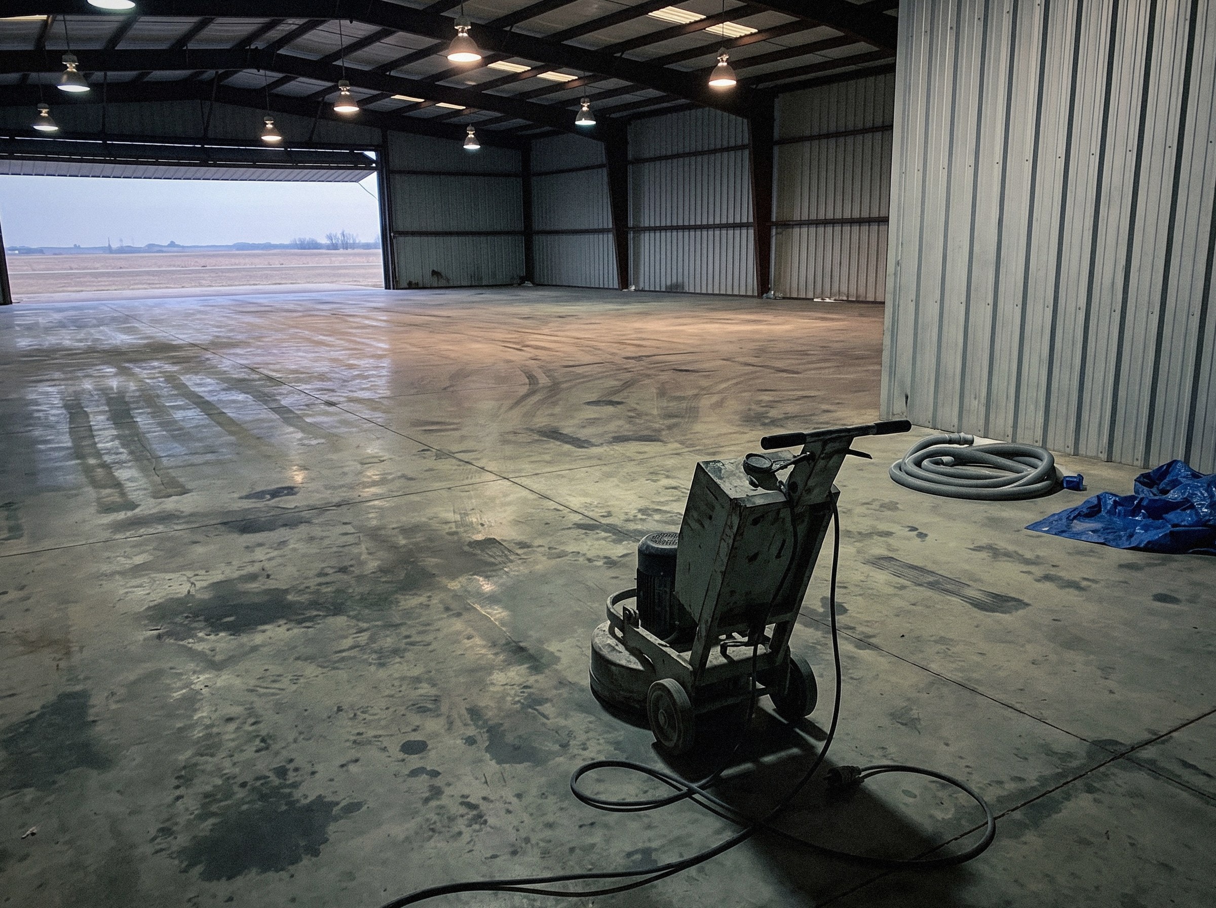 Grinding machine standing mid-floor in a hangar, the ground strip pale and open while the rest of the slab is still bare