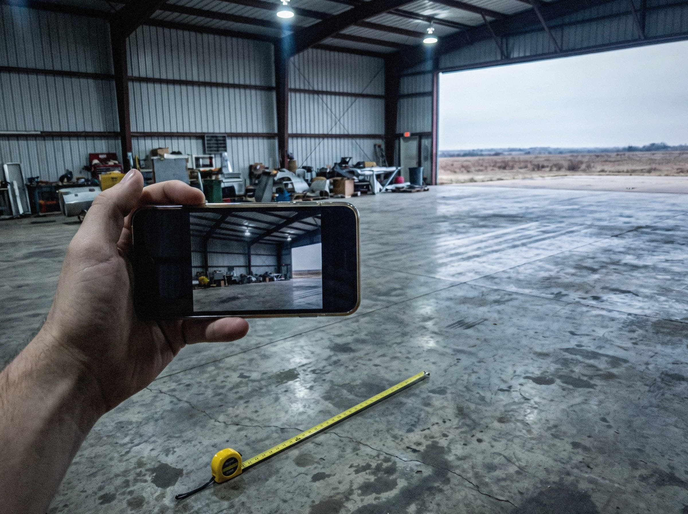 A hand holding up a phone to photograph a hangar interior, a tape measure pulled out across the bare slab
