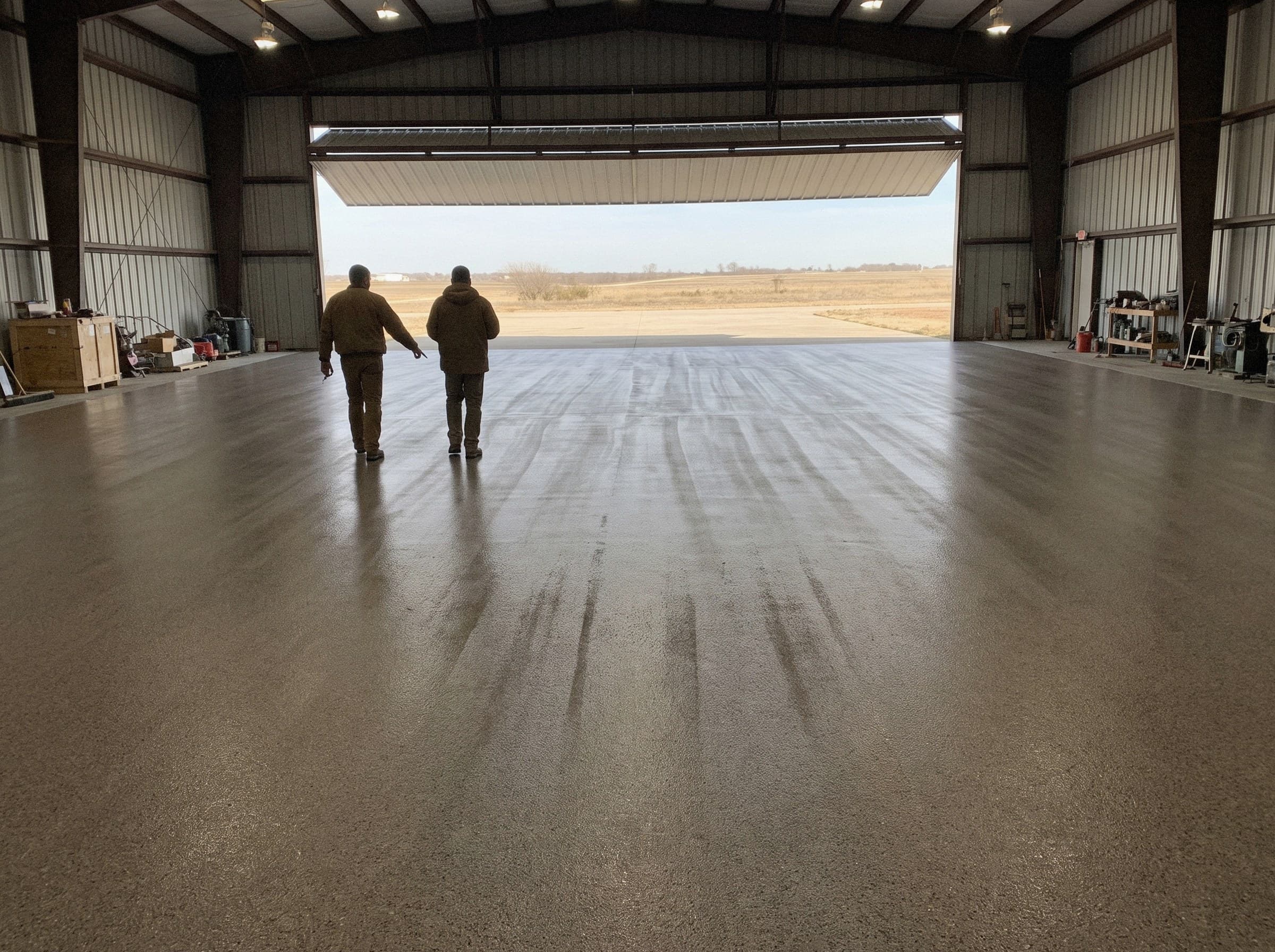 Two people walking a finished hangar floor together toward the open door, seen from behind