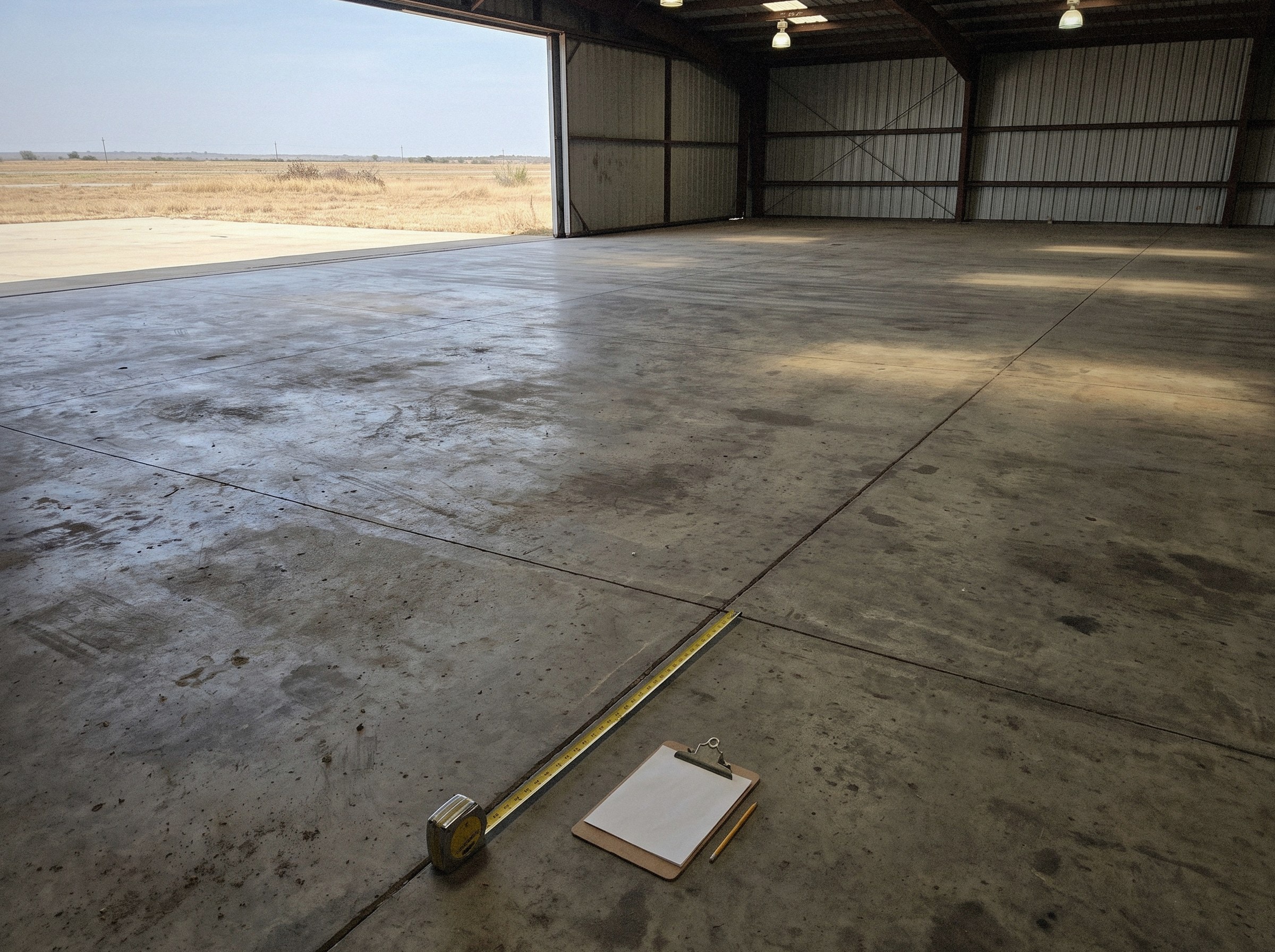 Tape measure and a clipboard lying on a bare hangar slab