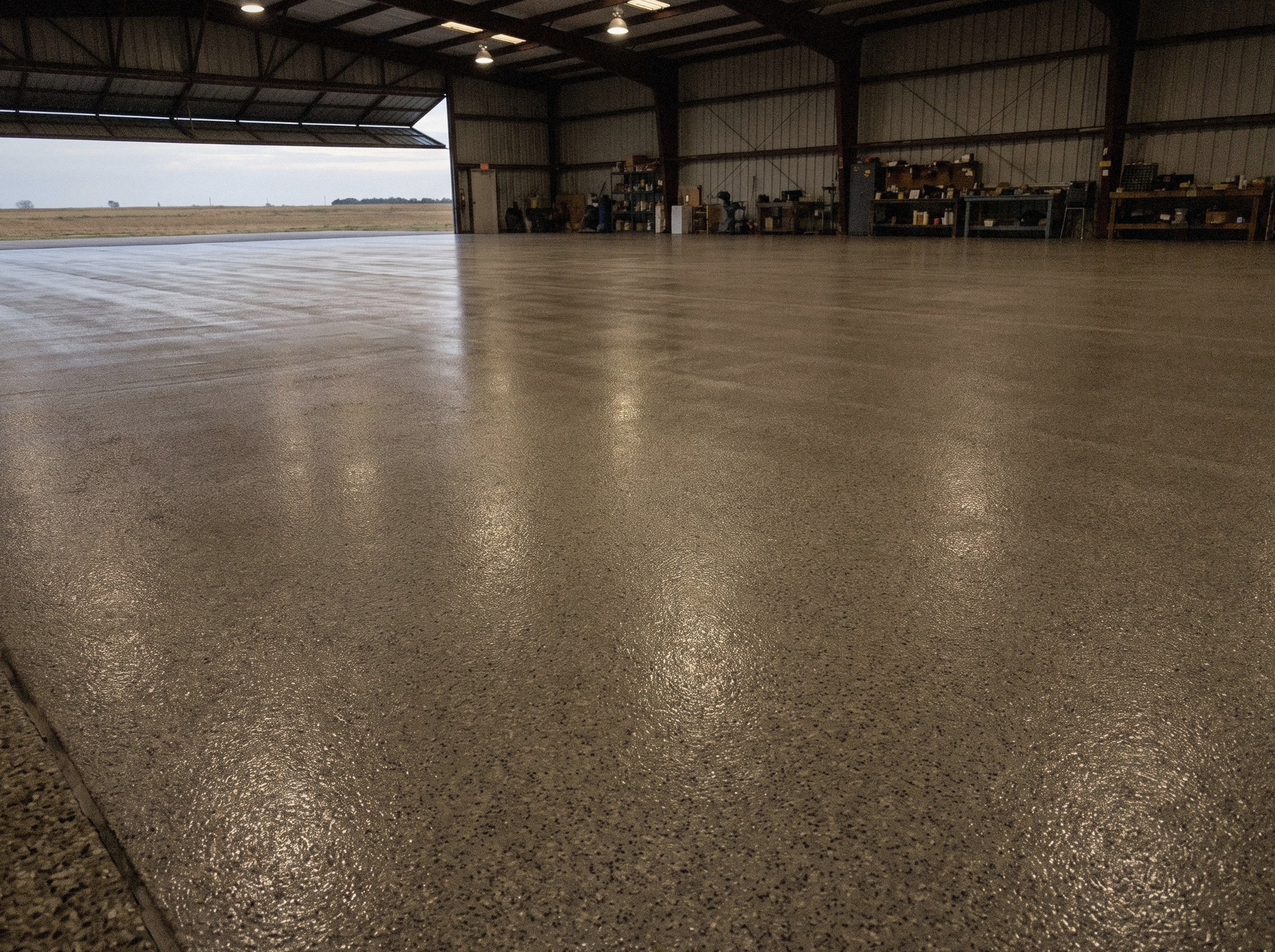 Coated hangar floor seen low and at an angle, a fine aggregate texture catching the light across an empty bay