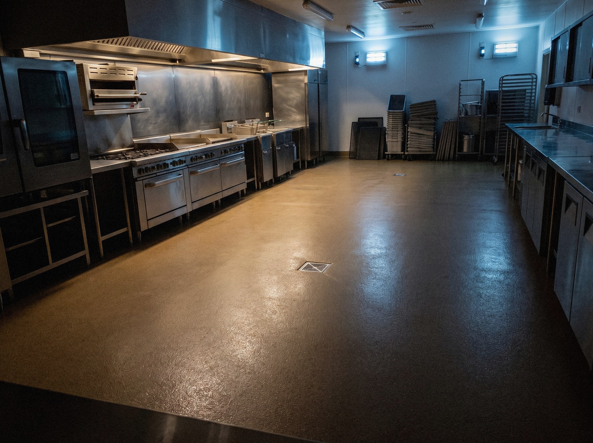 Commercial kitchen at night with the service lights off, everything shut down and every mat and cart taken off the floor