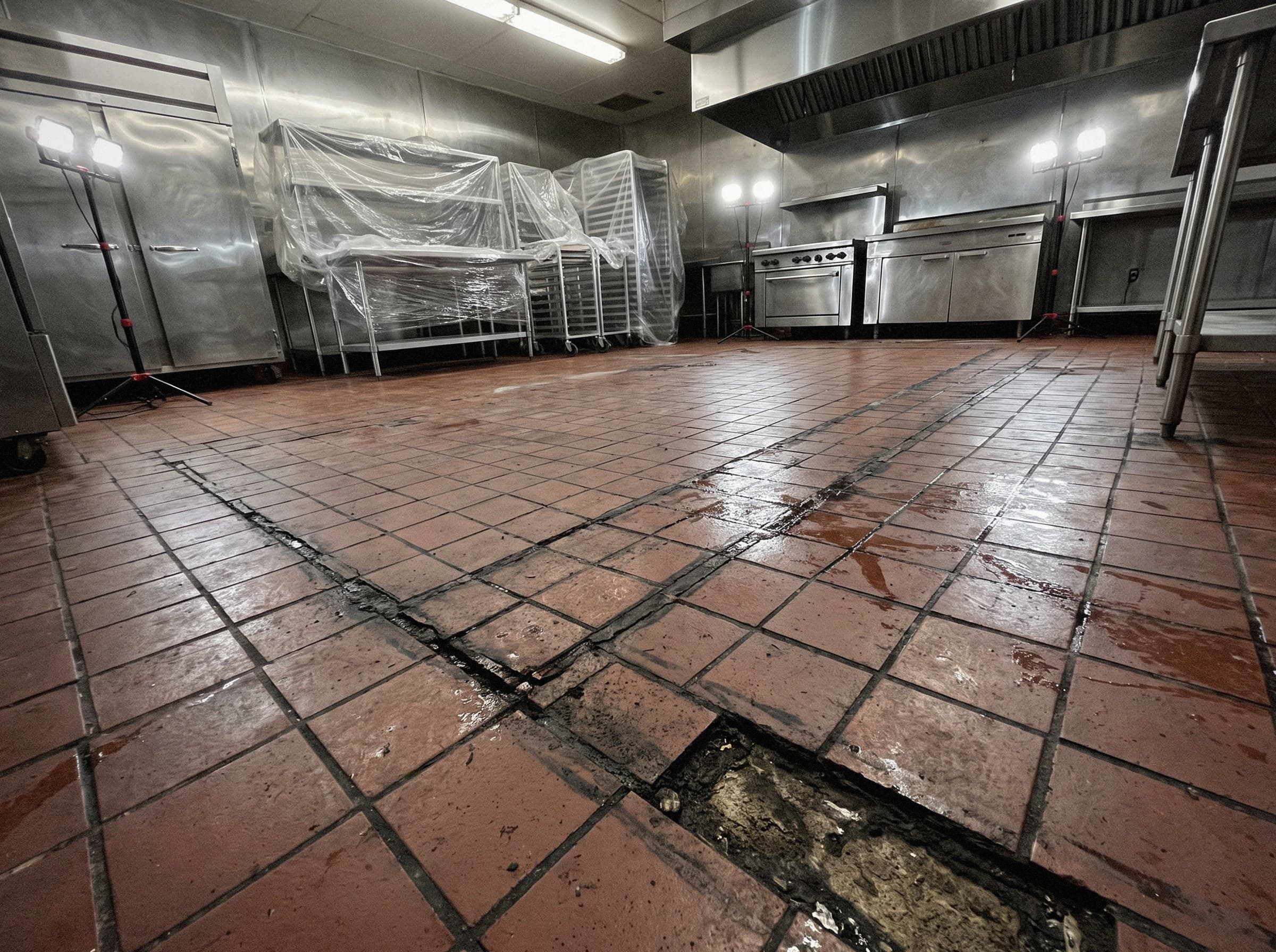 Commercial kitchen stripped for work, tables and shelving stacked and sheeted against the far wall, the floor bare from wall to wall