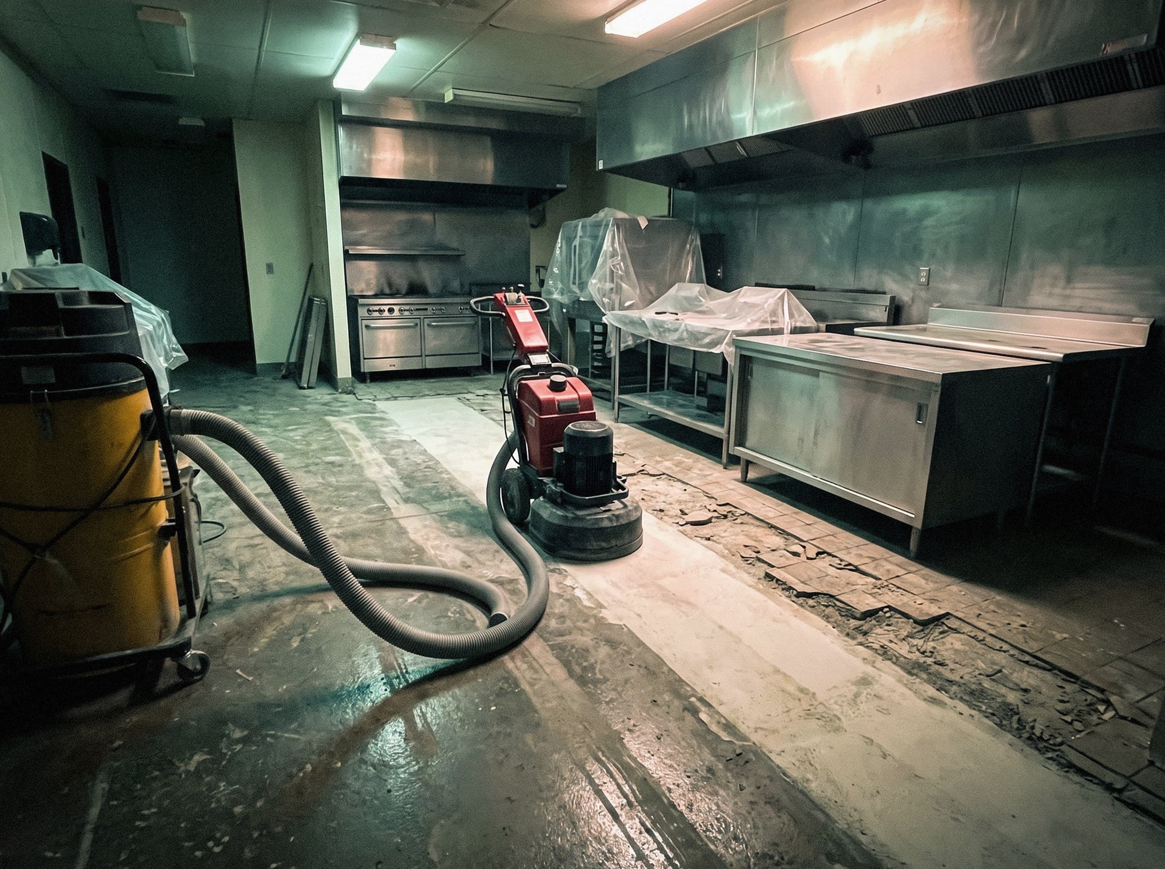 Walk-behind grinder in an emptied commercial kitchen, a pale open strip of ground concrete beside the older darker floor