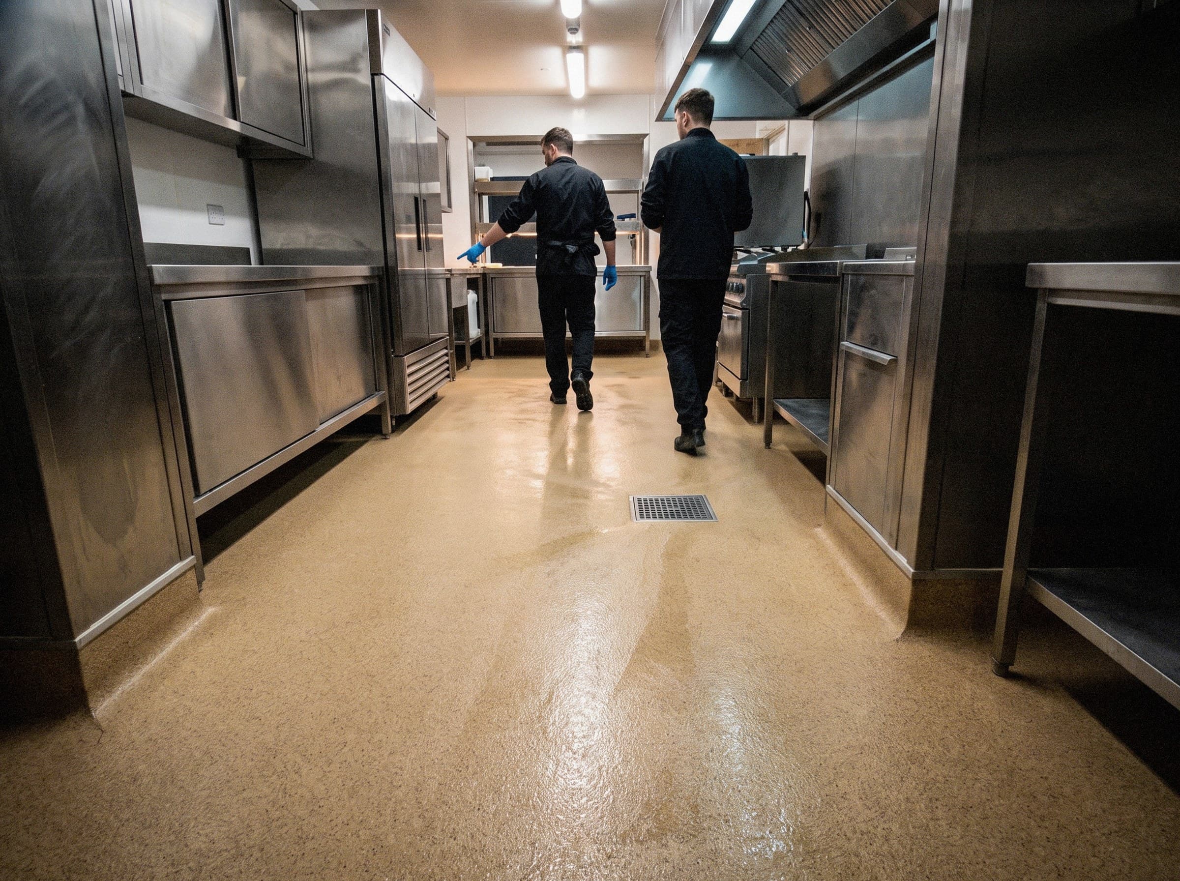 Two people walking a finished commercial kitchen floor together toward the pass, seen from behind