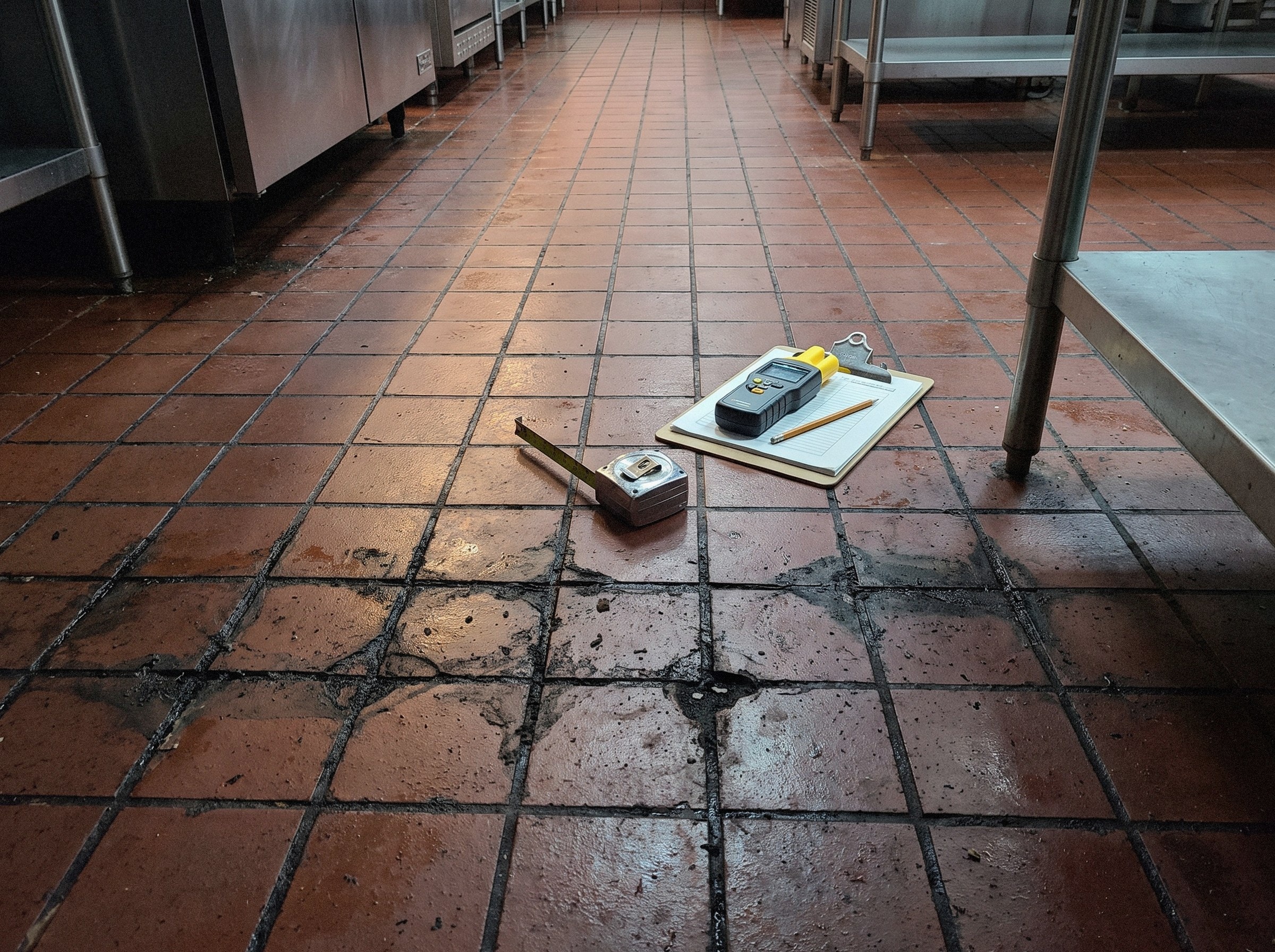 Tape measure, clipboard and a moisture meter lying on the bare tiled floor of an emptied commercial kitchen