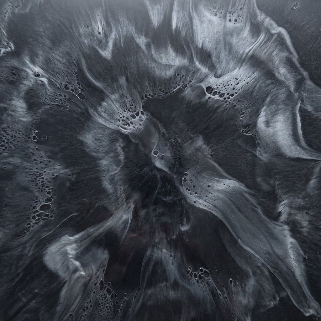 A silver metallic epoxy floor over a near-black base color, the pale sweeps standing out sharply against the dark ground