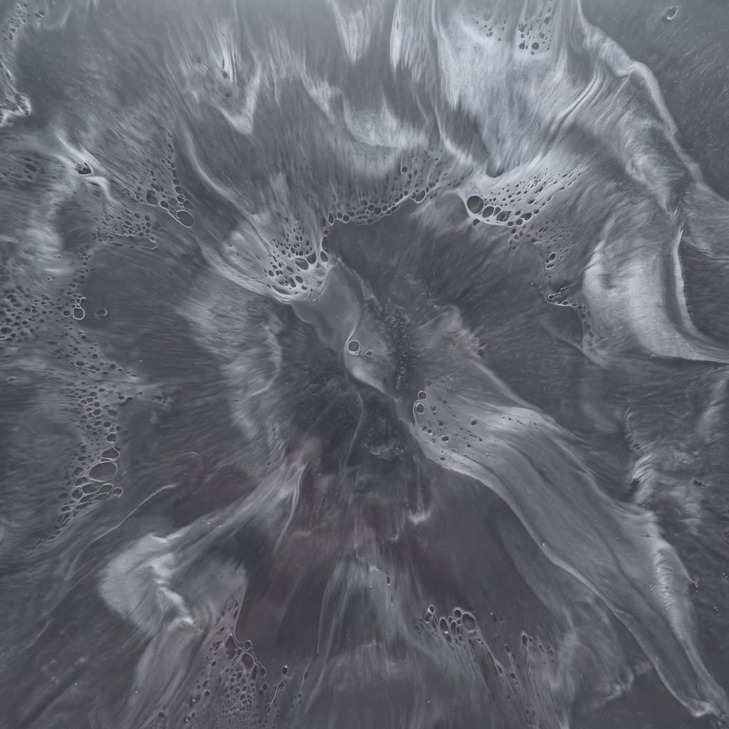 The same silver metallic epoxy floor over a medium gray base color, the pale sweeps closer in tone to the ground around them