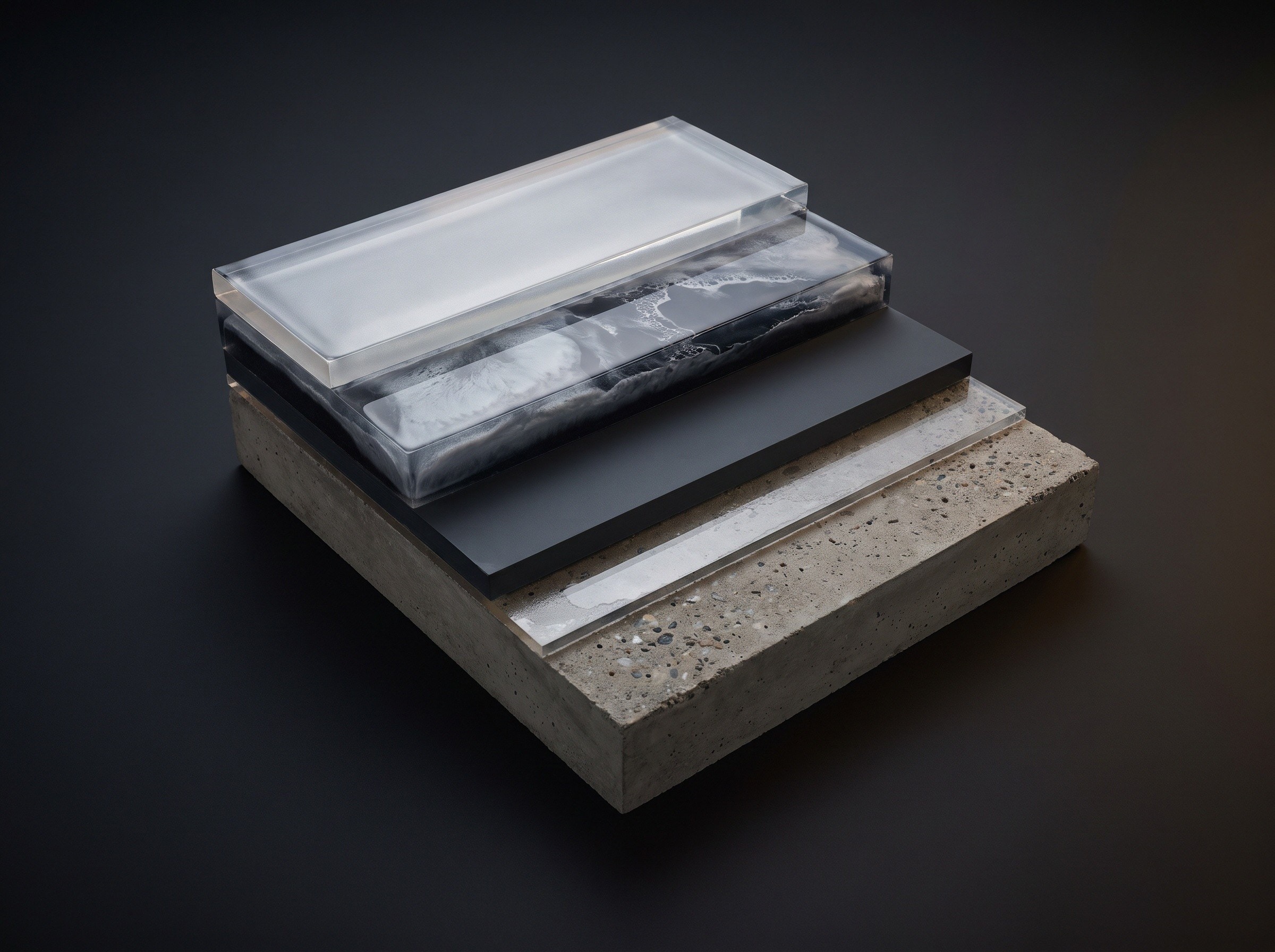 Cutaway model of a metallic epoxy floor, lifted layer by layer: ground concrete at the bottom, a primer, a solid base color, the metallic layer with pigment drifting through the clear resin, and a clear top coat over it