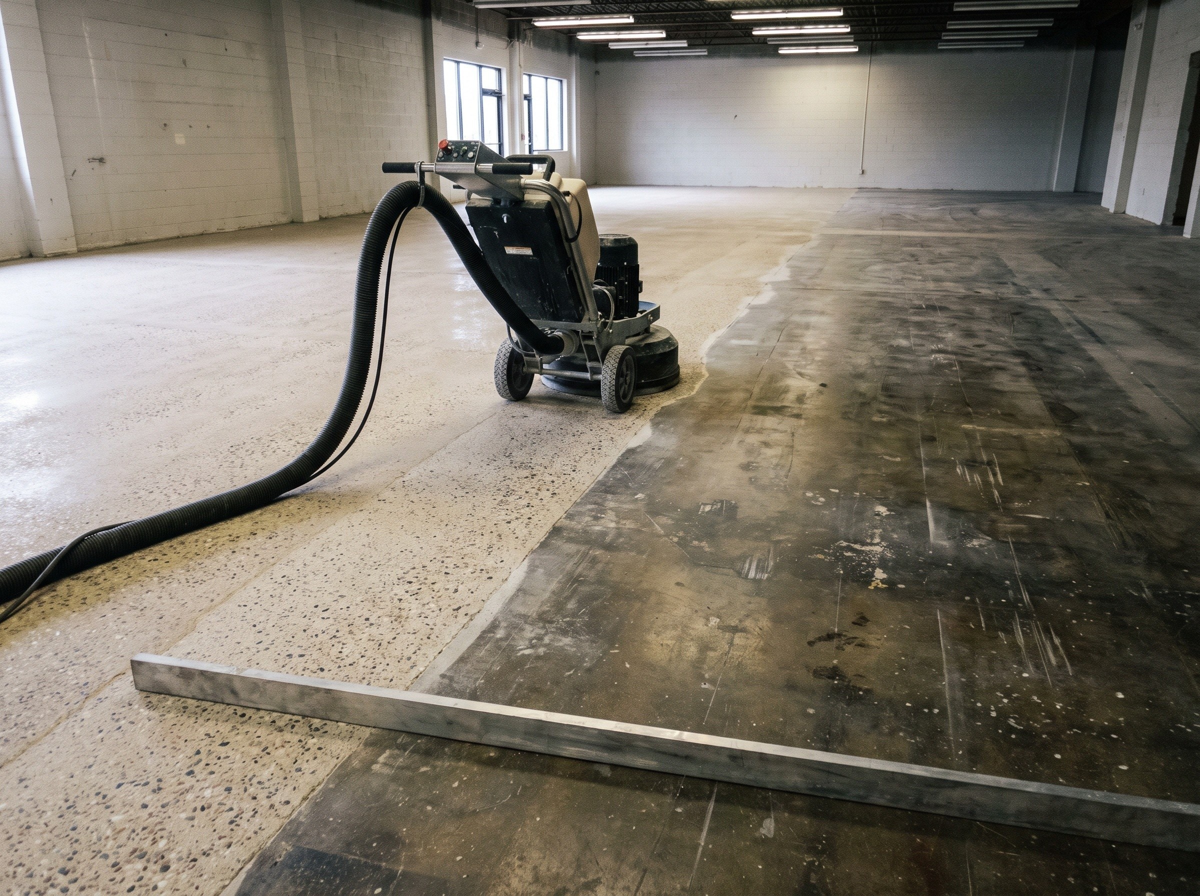 A bare concrete slab part way through preparation in a large empty commercial room, ground open in wide passes with the untouched floor still darker ahead of the machine