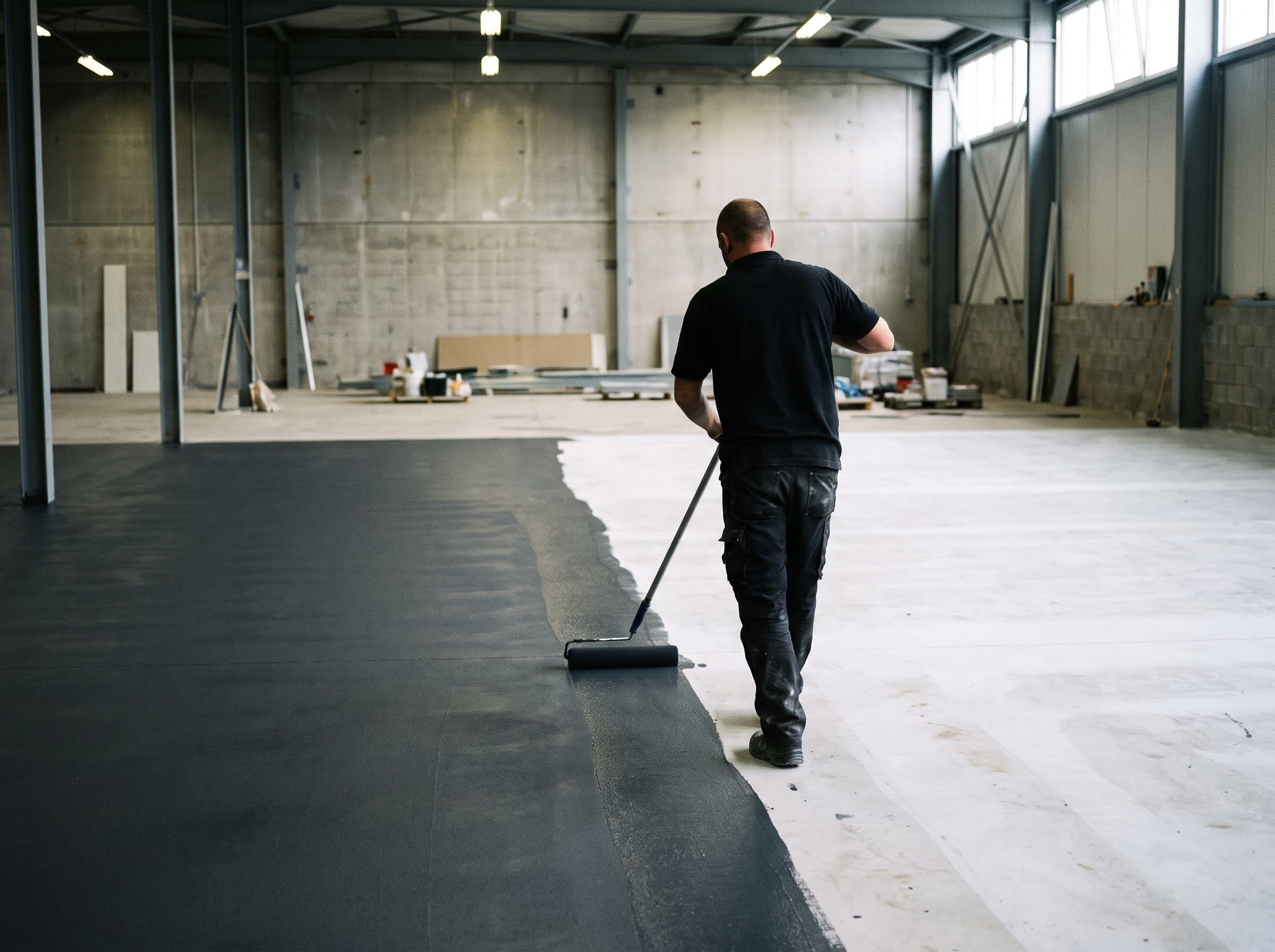 A roller on a long handle laying an even dark base coat across a primed concrete floor, the coated half behind it uniform and the primed half ahead of it pale