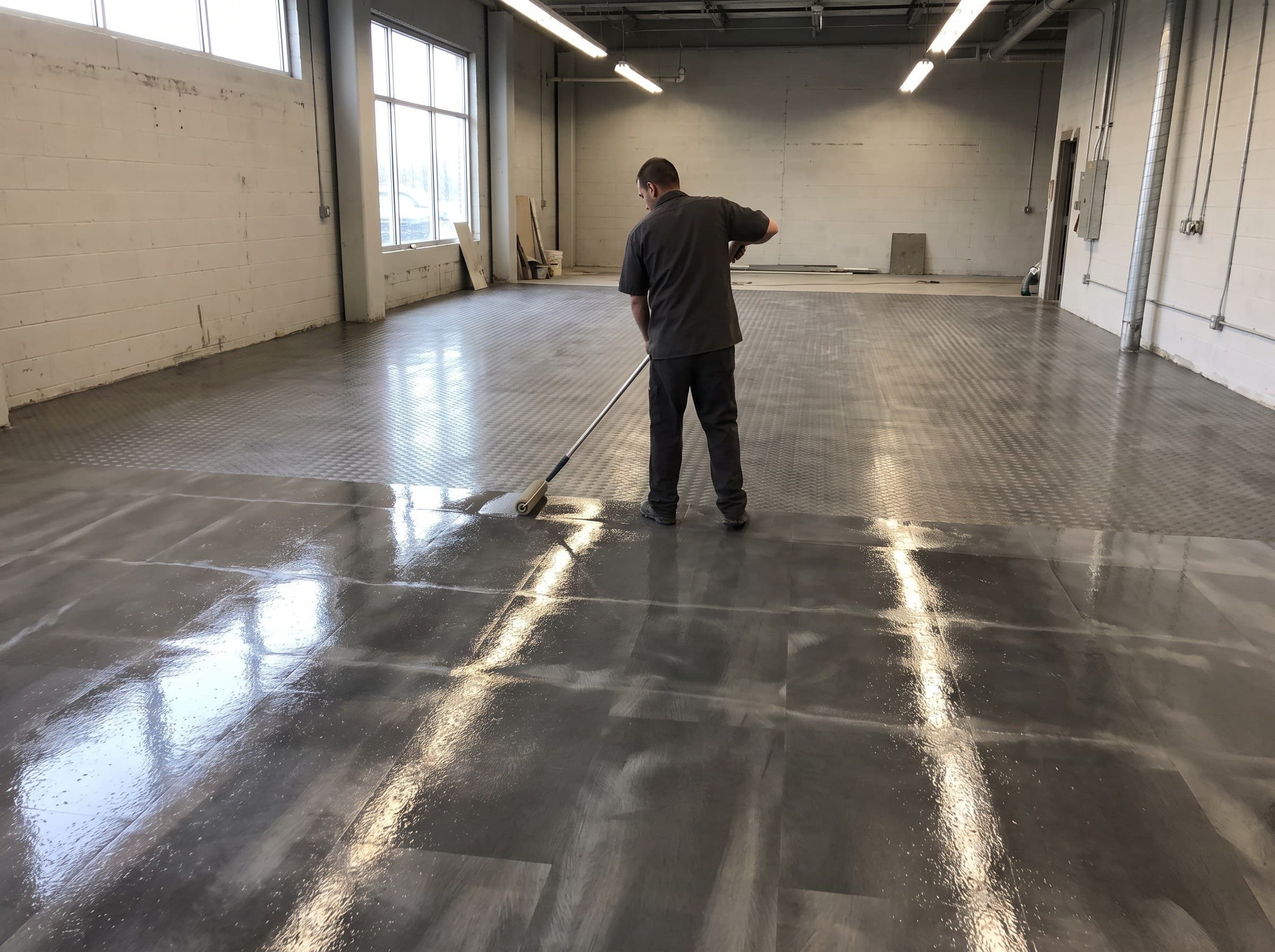 A clear top coat being rolled across a finished metallic floor, the coated half behind the roller wet and glossy and the half ahead of it flatter