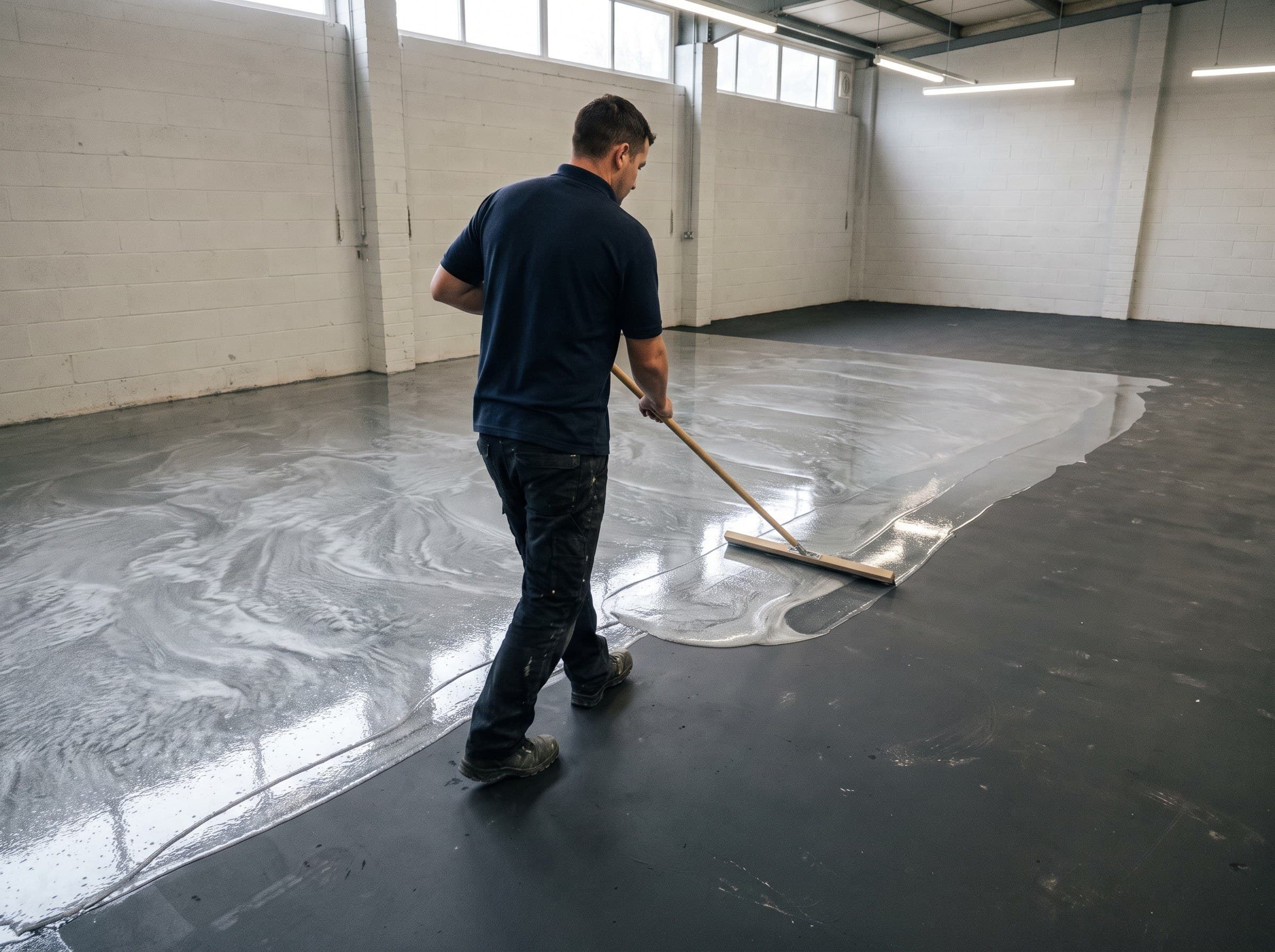 Pigmented clear resin being spread across a dark base coat with a wide squeegee, pale metallic pigment drifting and clouding through the wet surface behind the blade