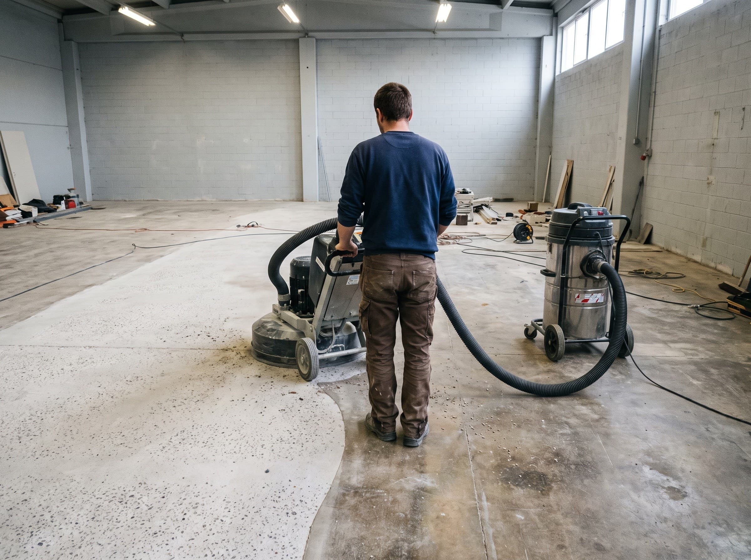 A wide floor grinder with a dust extraction hose part way across a bare slab, the concrete behind it opened up and lighter than the untouched floor ahead of it