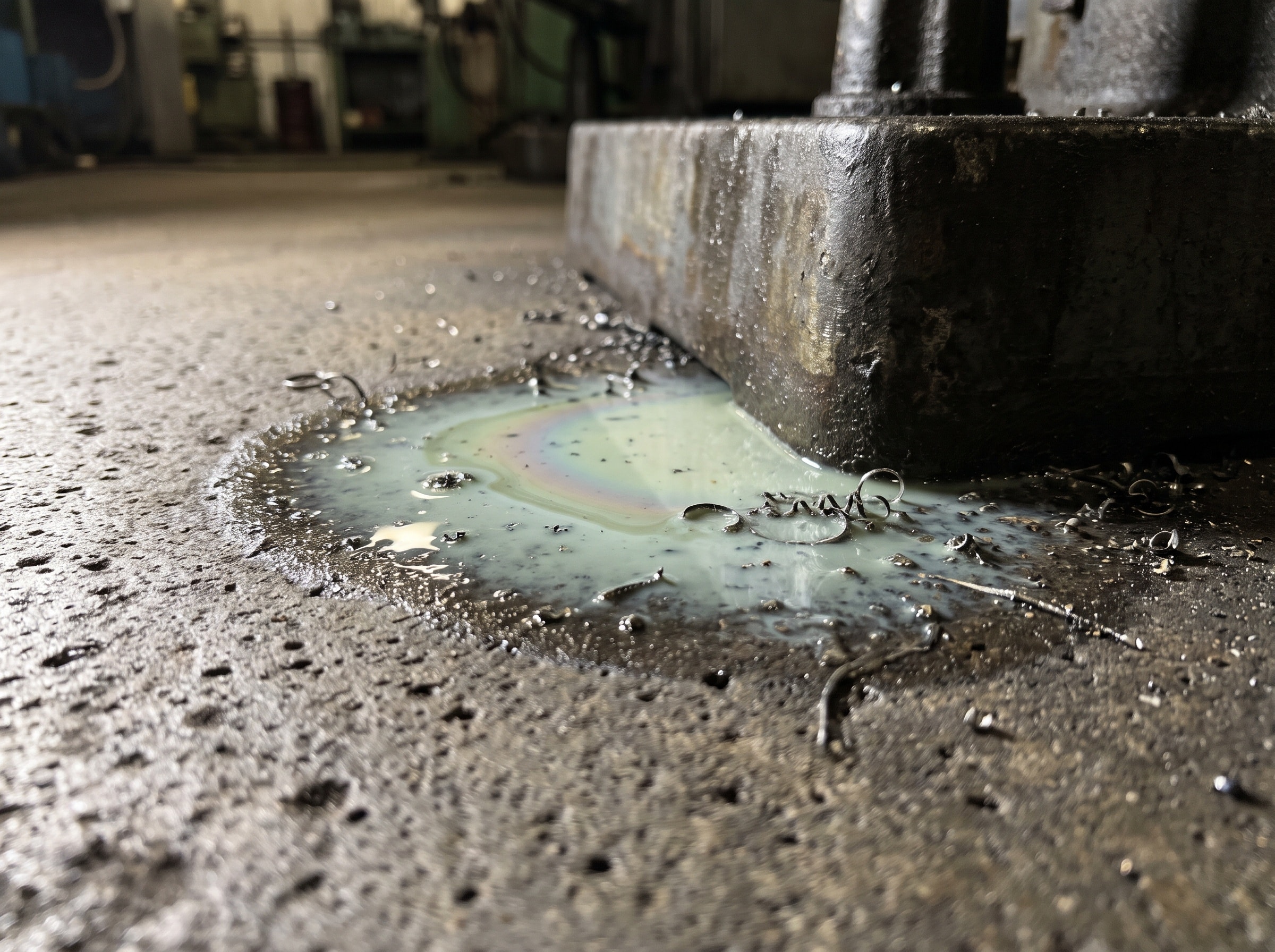 Pool of coolant spreading on bare concrete beside a machine base, the edge of the stain soaked into the pore
