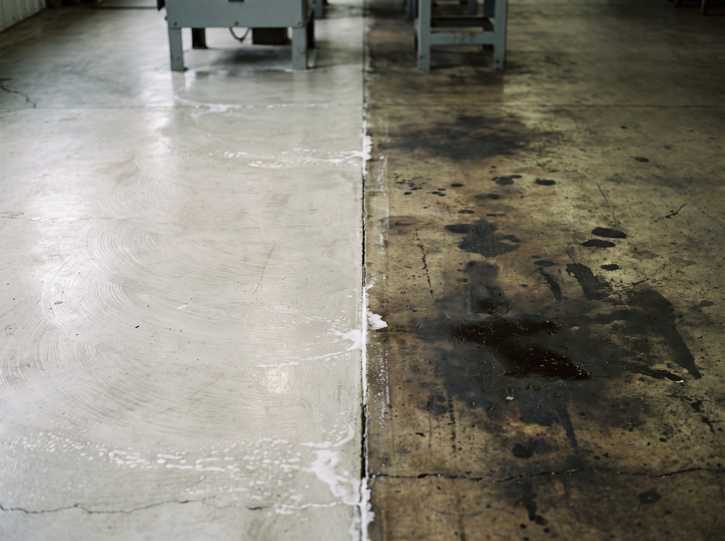 Plant slab half degreased, a clean pale strip meeting the dark oil-soaked concrete on a straight line