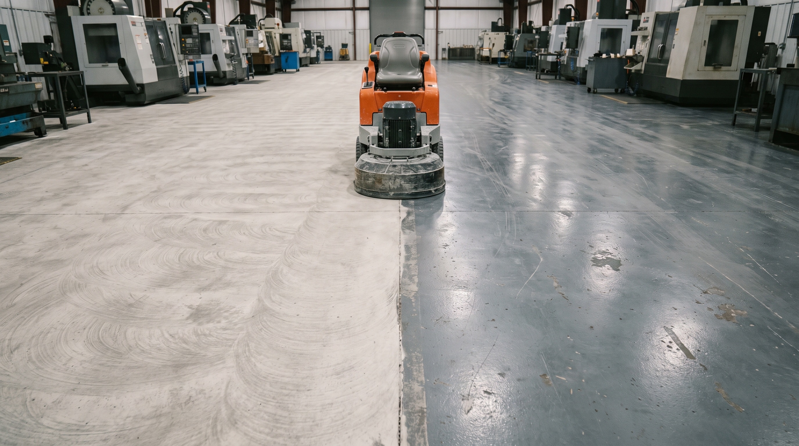 Grinding crew halfway across a plant floor, the ground half pale and open beside the old gray coating