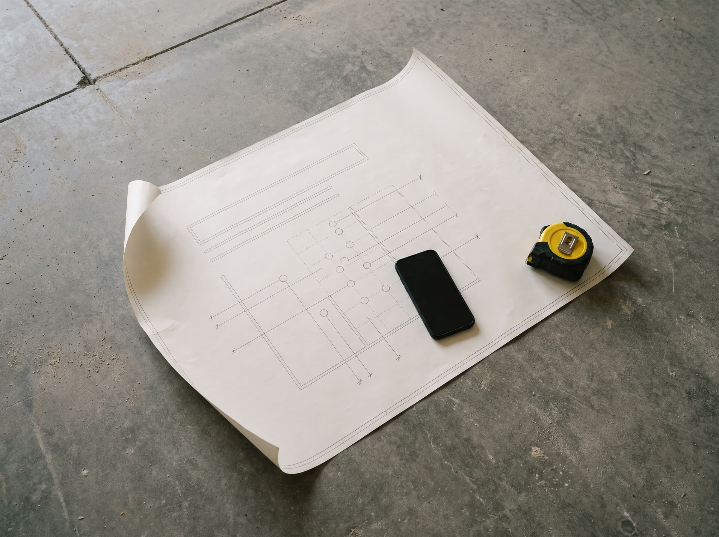 A set of floor plan drawings unrolled on a bare plant slab beside a phone and a tape measure