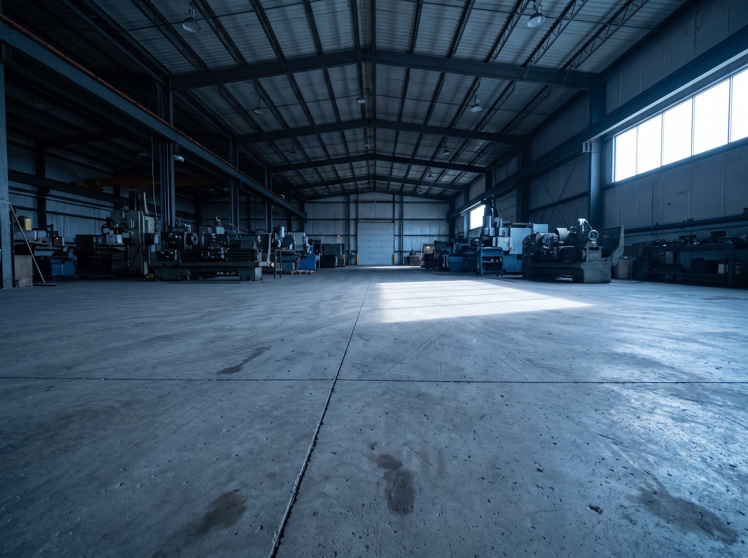 Empty plant bay at first light, machines idle, bare slab