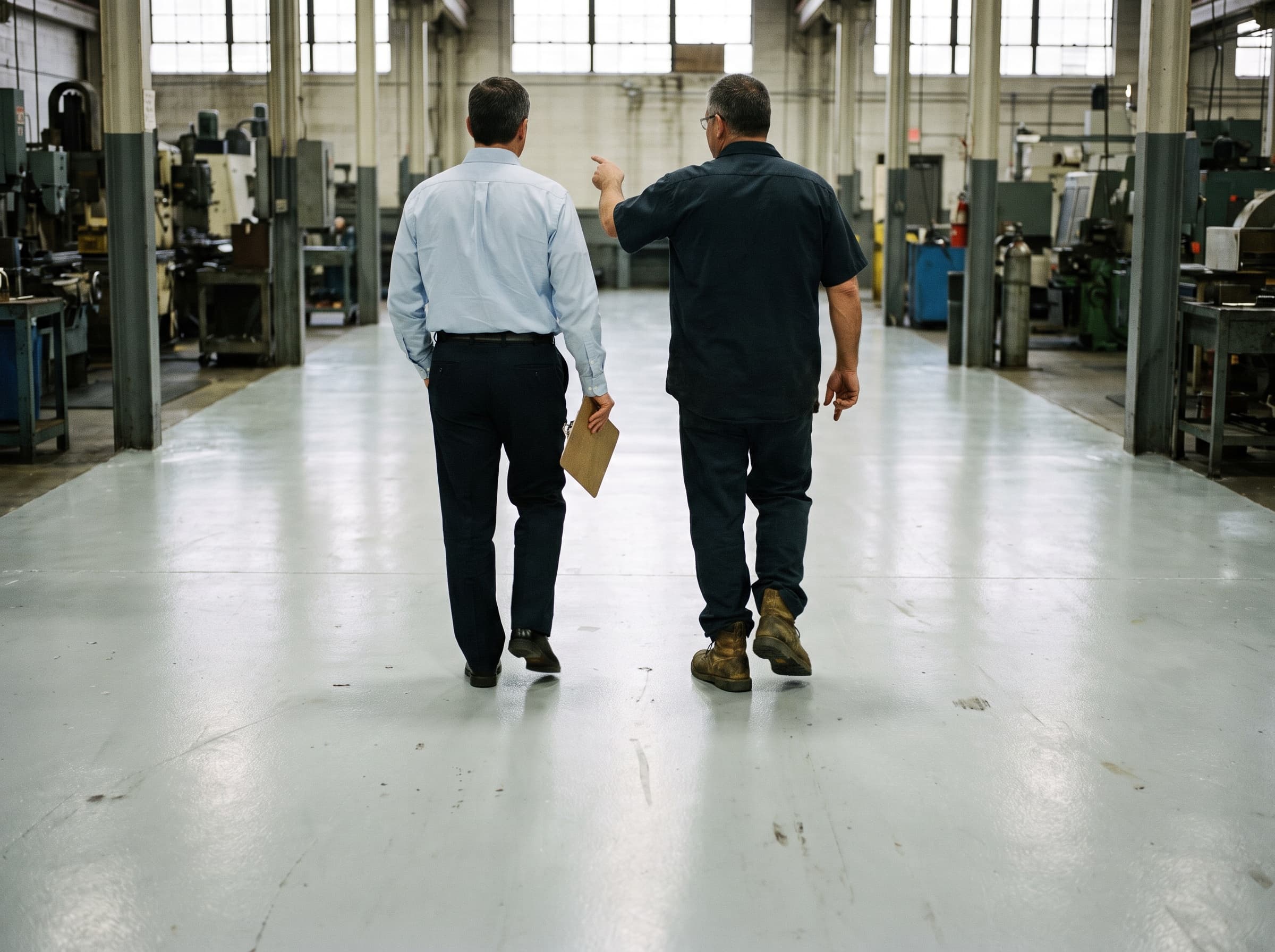 Plant manager and crew member walking a finished plant floor together, seen from behind