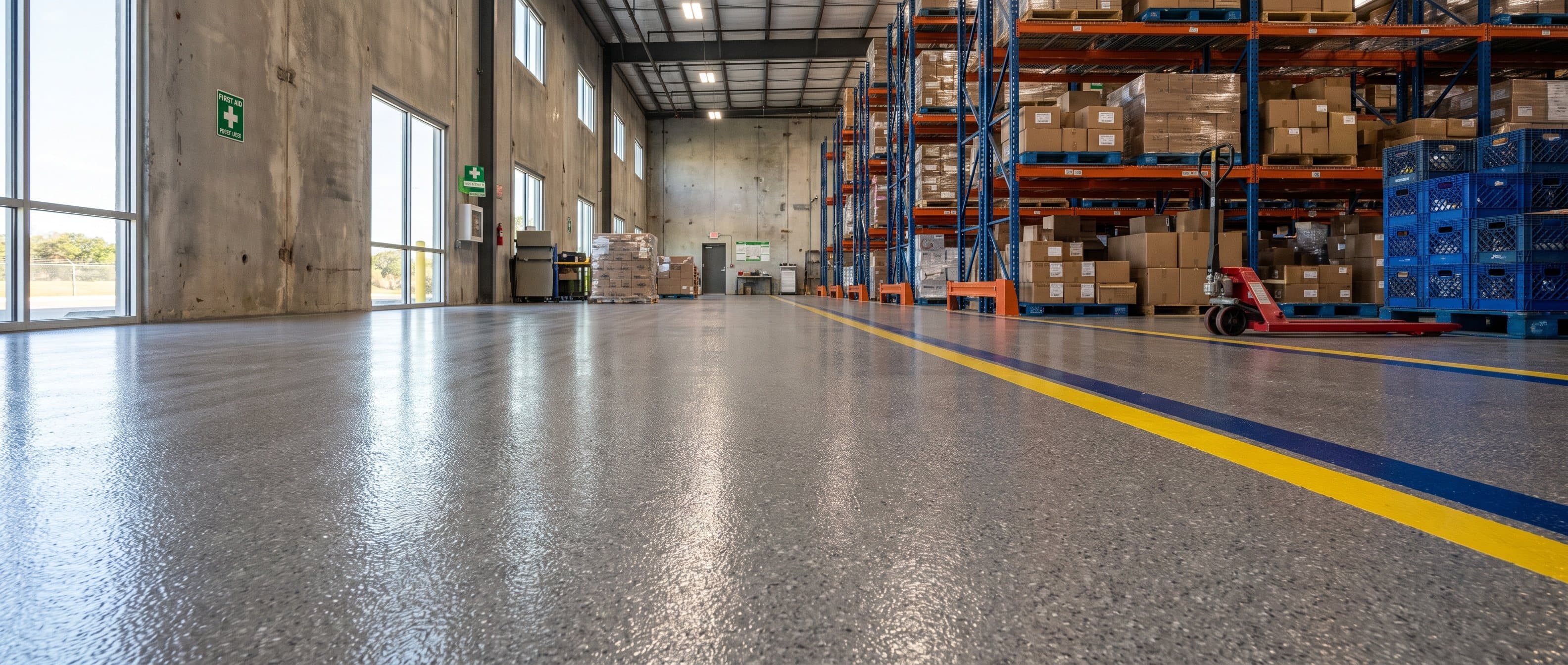 Warehouse aisle with a grey quartz broadcast coating, painted yellow and blue traffic lines and orange pallet racking
