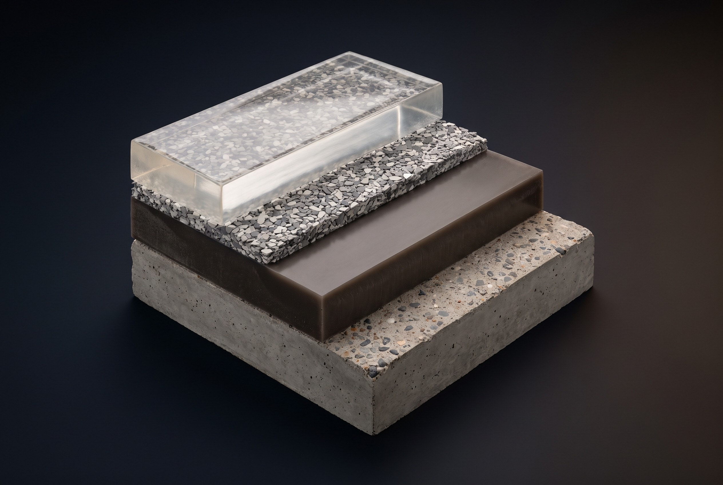 Cutaway model of a resin floor, stepped layer by layer: ground concrete at the bottom, a dense dark base coat, a thin bed of vinyl chip and a clear glassy top coat
