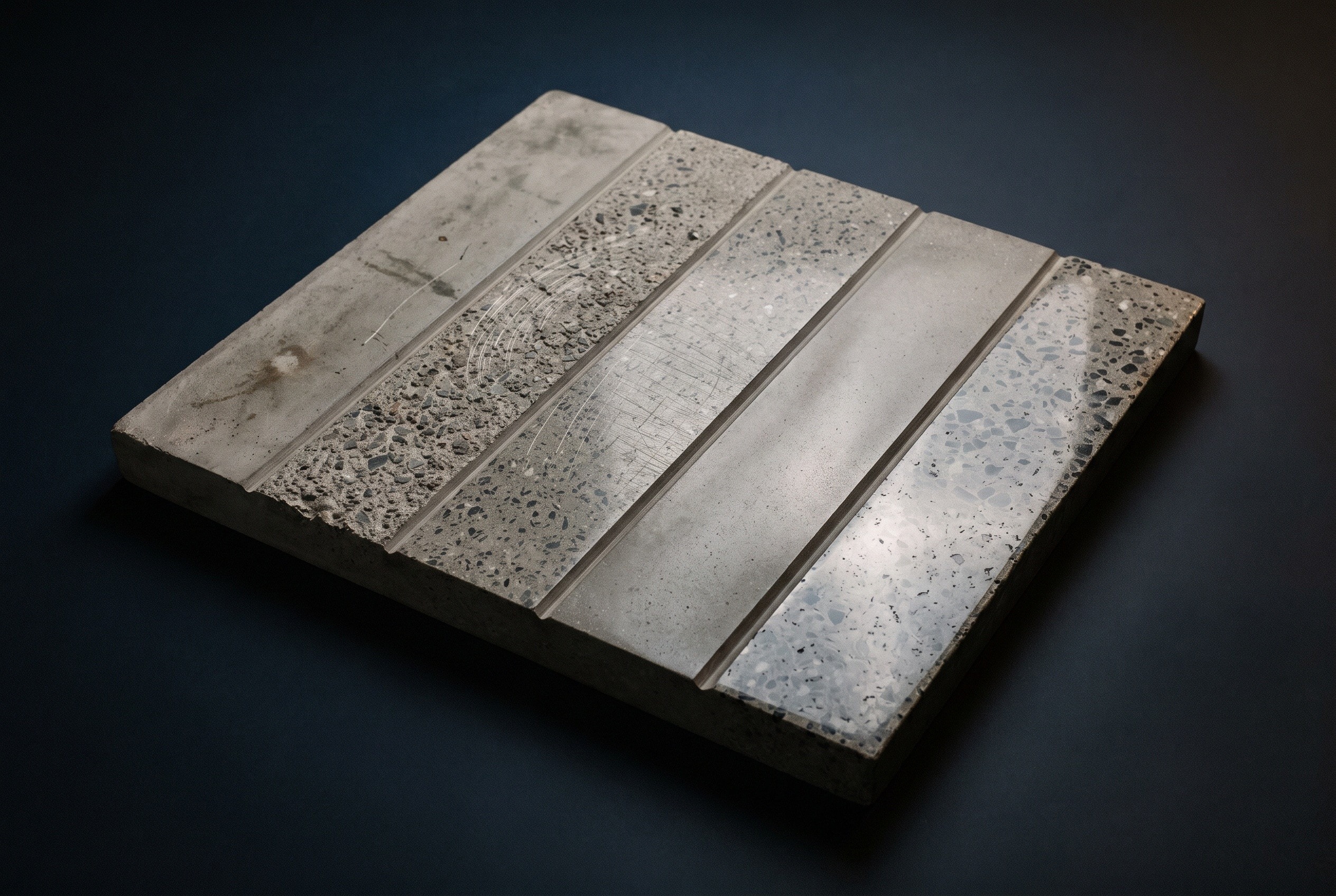 One slab of concrete worked across its width in five bands, from the raw grey surface on the left, through coarsely ground concrete with the stone opened up, to a honed band, a satin band and a fully polished band on the right with the light reflecting off it