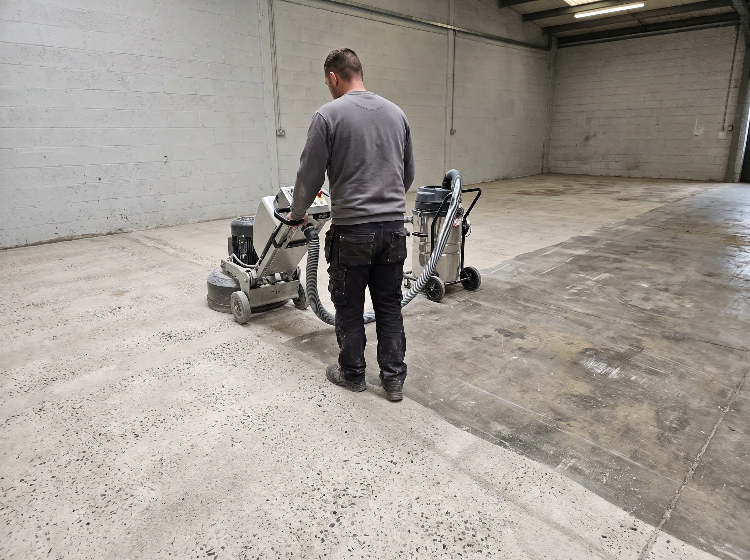 A wide floor grinder with a dust extraction hose part way across a bare slab, the concrete behind it freshly opened up and lighter than the untouched floor ahead of it