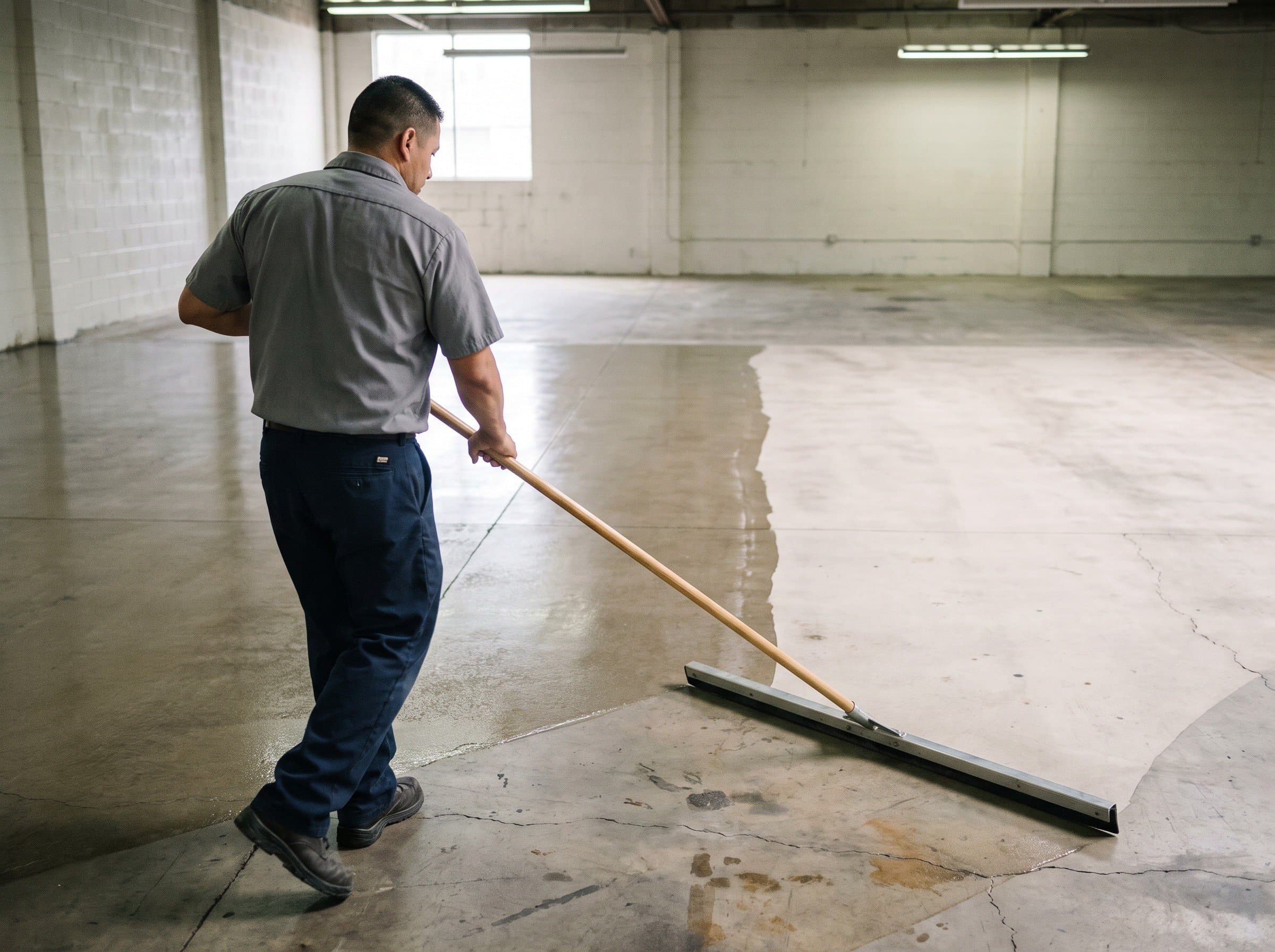 A clear liquid being spread across a honed concrete floor with a wide squeegee, the concrete behind it darker where it has soaked in