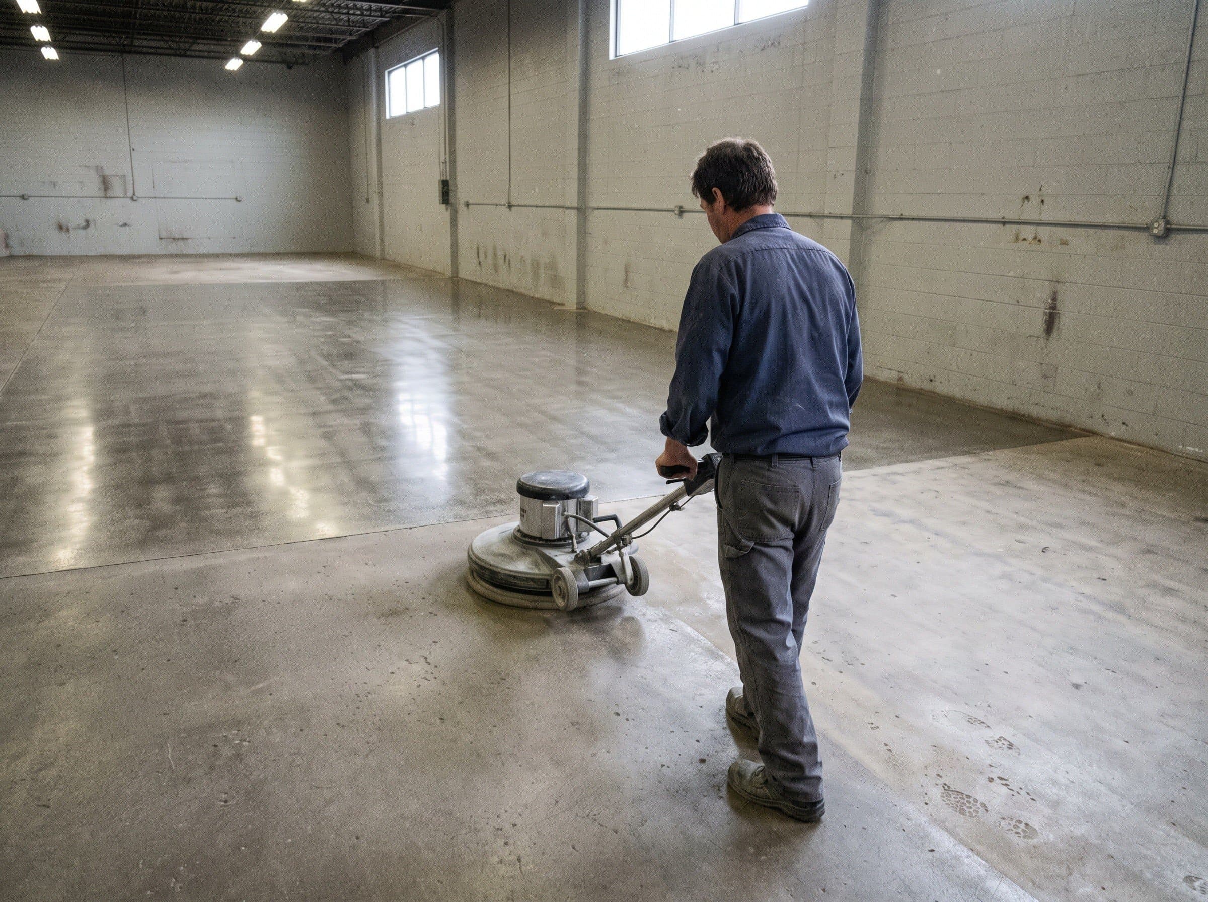 A wide floor polisher part way across a concrete floor, the finished half behind it catching the overhead light and the honed half ahead of it flat and matte