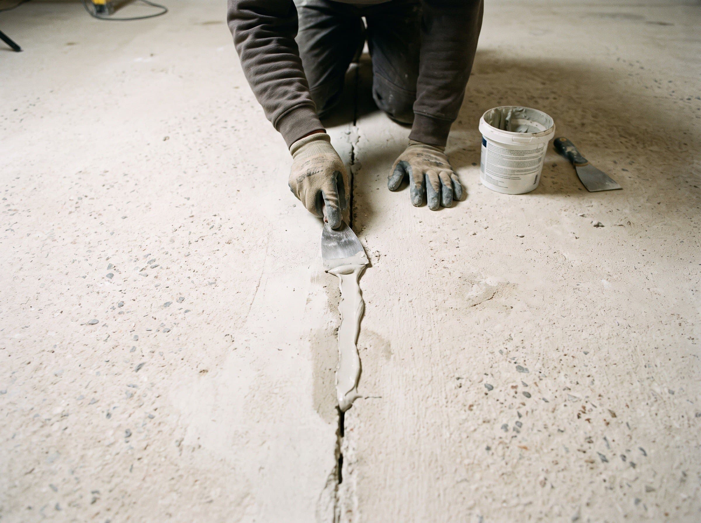 Gloved hands pressing pale repair compound level into a crack across a freshly ground concrete floor with a small trowel