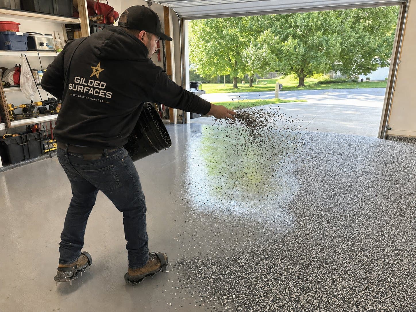 Gilded Surfaces crew member in spiked shoes broadcasting flakes across a freshly rolled base coat in an open garage