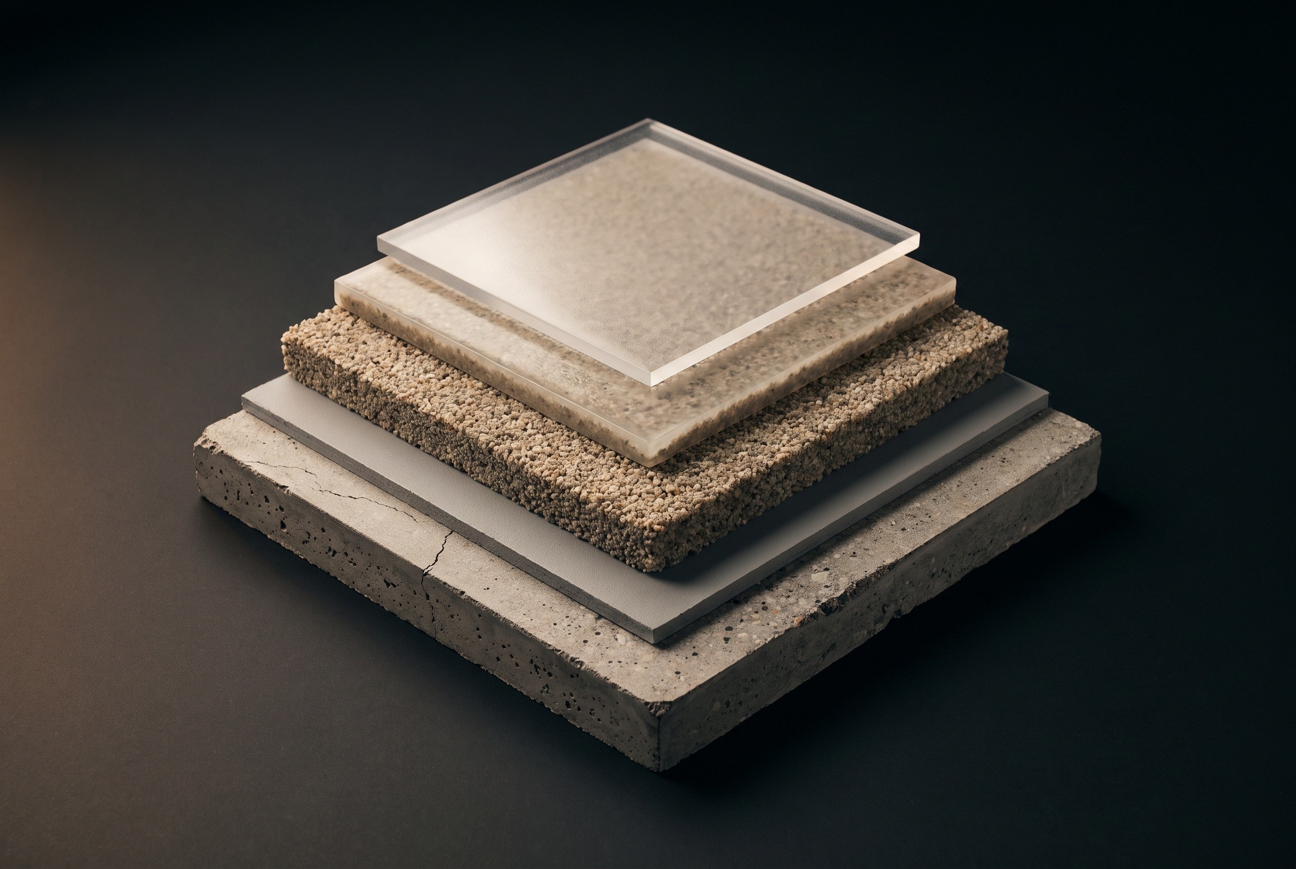 Cutaway model of a quartz floor, lifted layer by layer: ground concrete at the bottom, a gray base coat, a thick bed of colored quartz grain, the grout coat that fills between the grains and a satin top coat