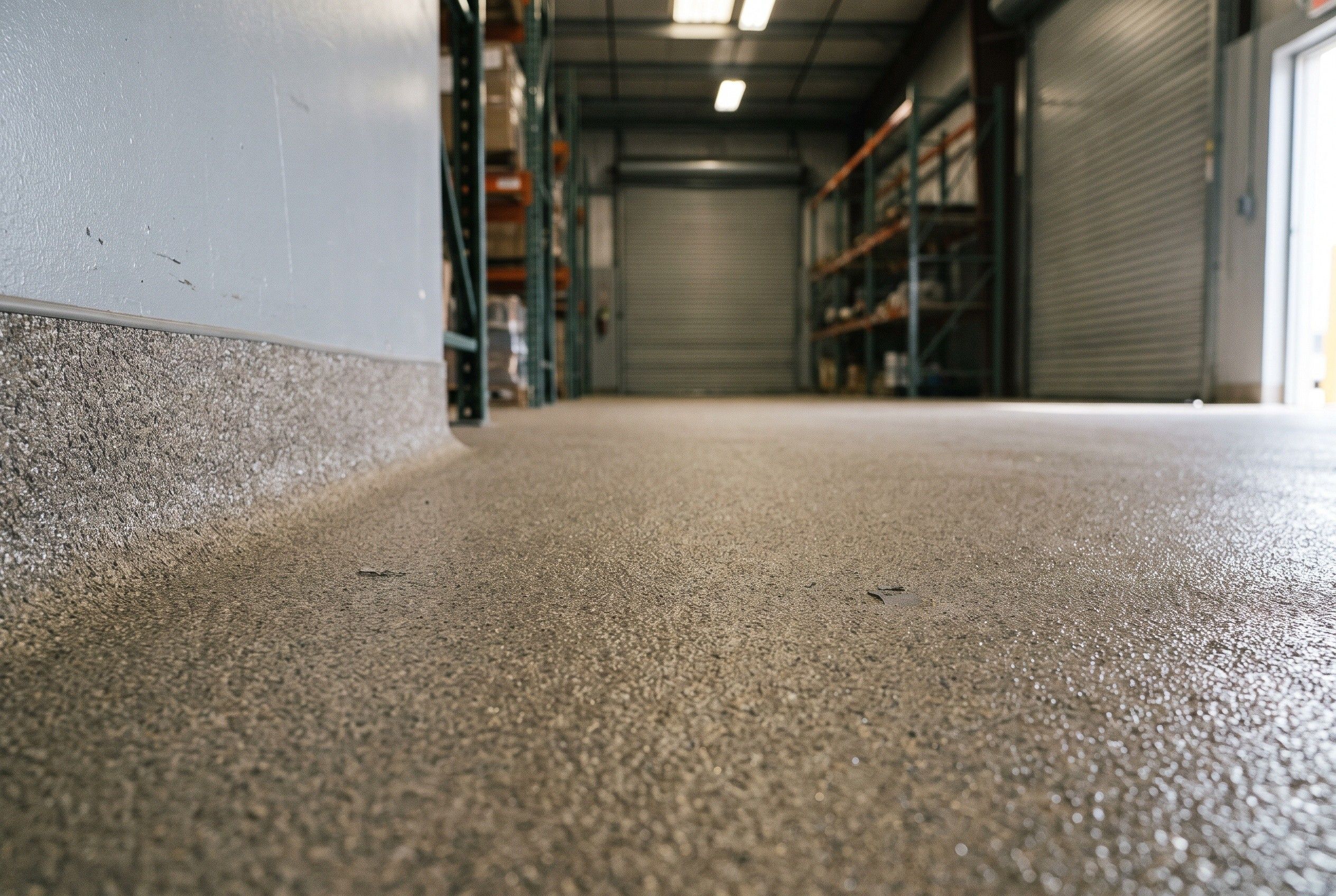 Low view close to the surface of a finished warm gray quartz floor in a working building, the grain sharp in the foreground and racking and roller doors soft behind it