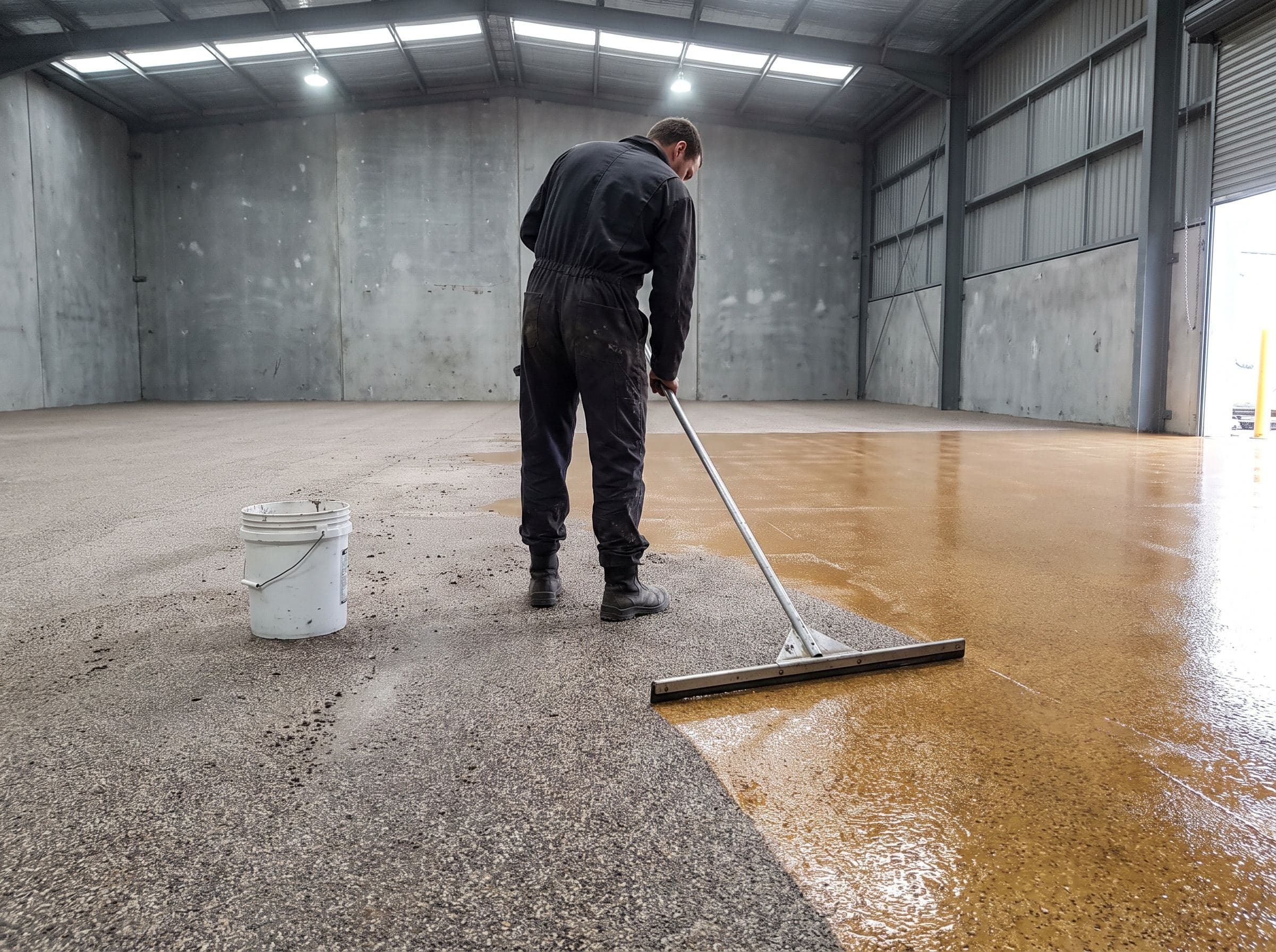 Worker pulling a wide squeegee across a freshly broadcast quartz floor, the raw grain still open on one side of the blade and the resin soaked in and level on the other