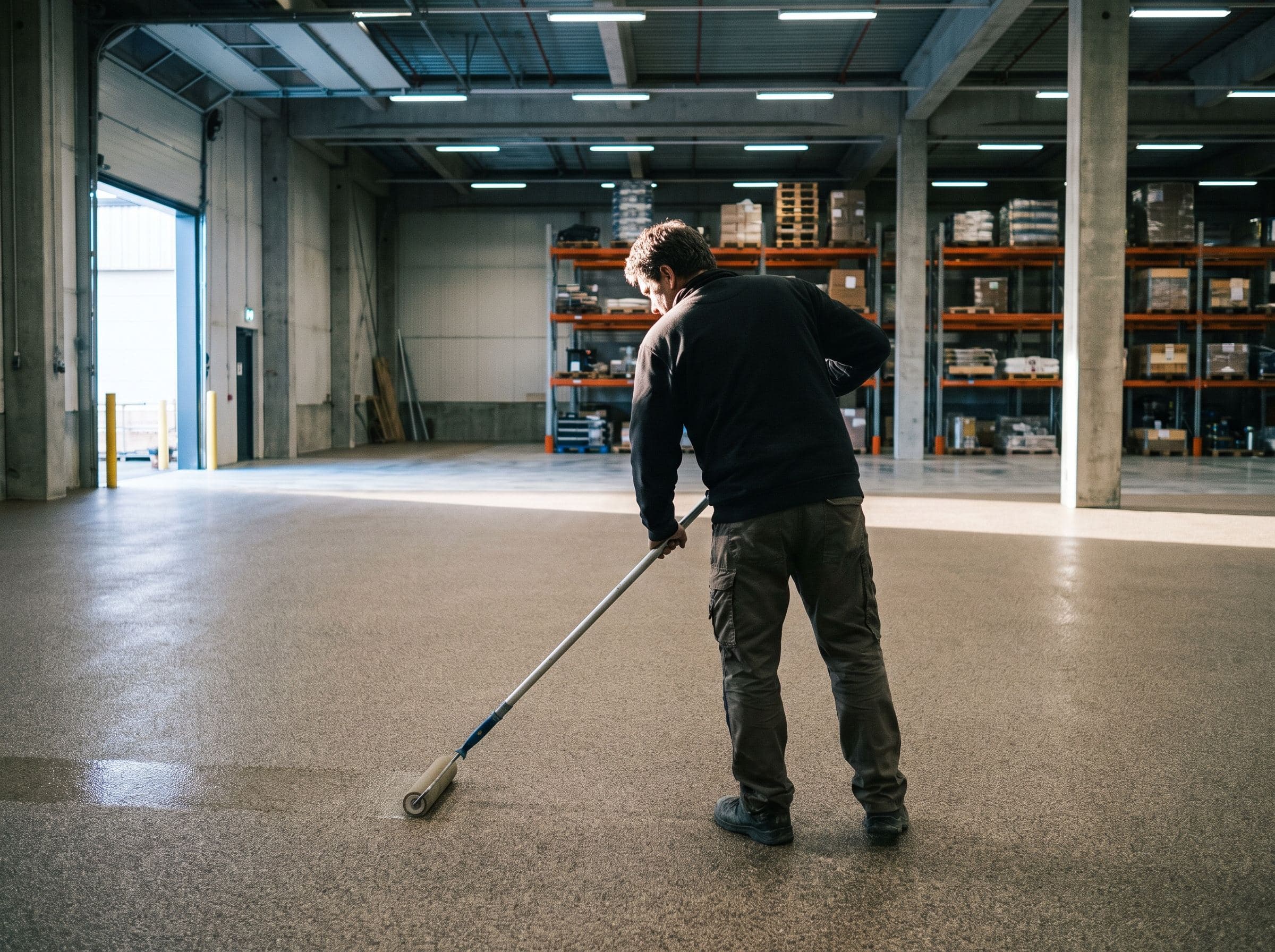 Worker rolling a clear top coat across a finished quartz floor in a warehouse, seen from behind