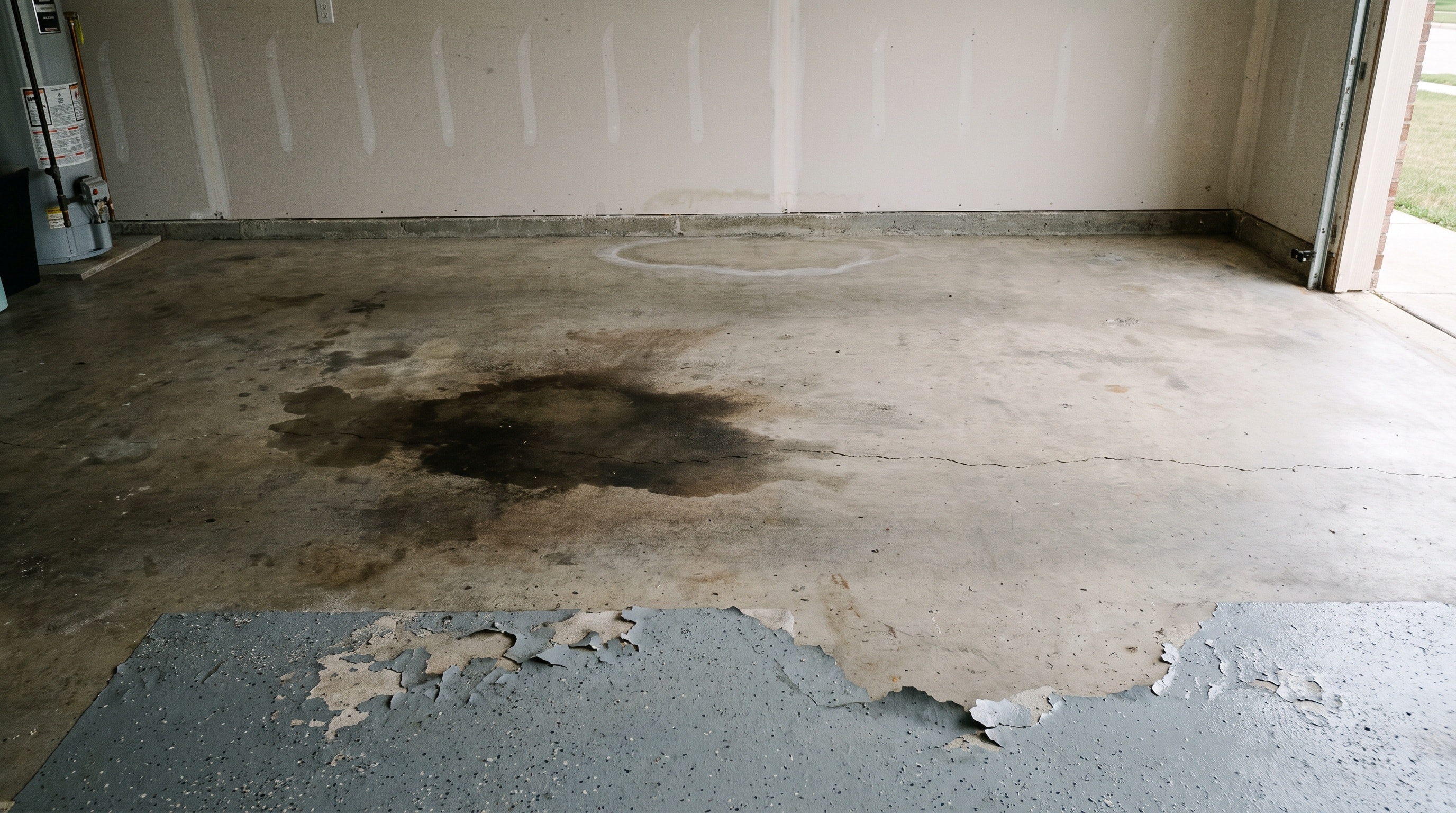 Bare garage slab with a peeling old coating, an oil stain and a hairline crack, before any prep