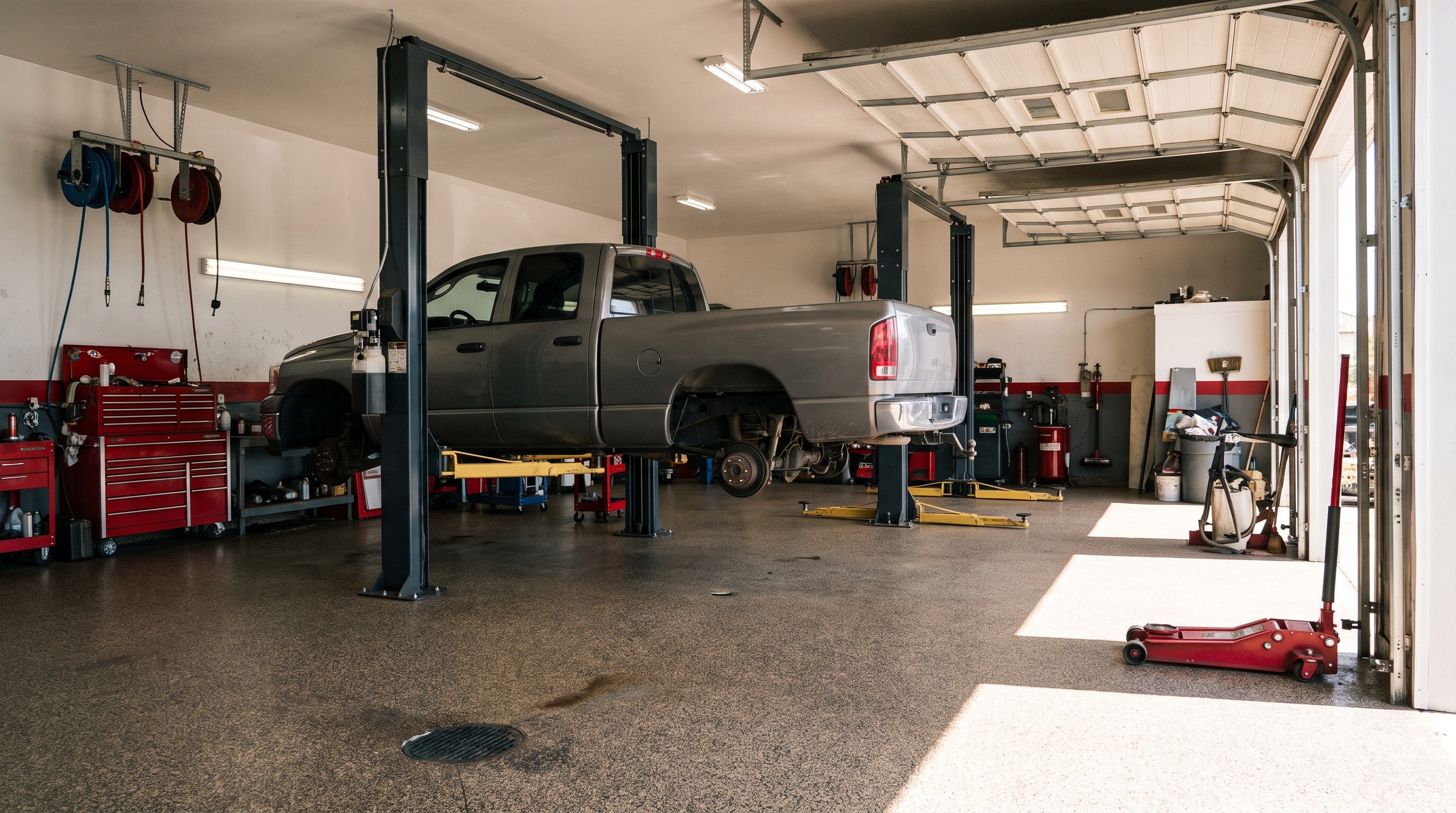 Auto shop with a pickup on a two post lift over a speckled gray floor, a drain in the slab and the bay door open