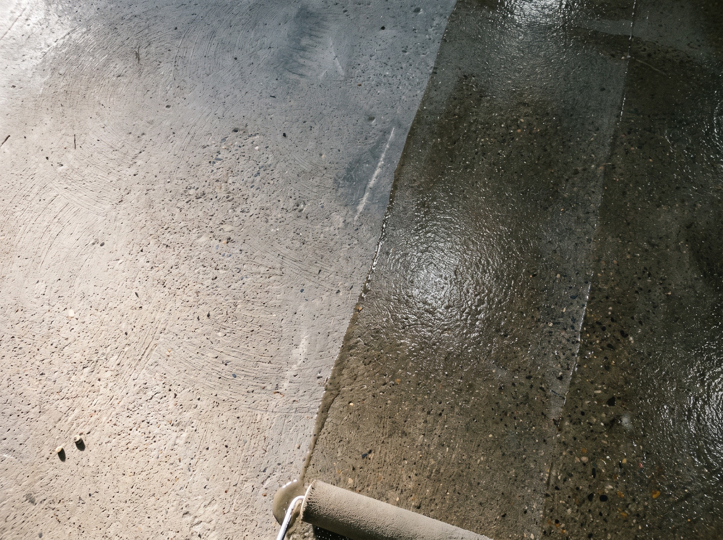 Top-down detail of a ground concrete slab with the first resin coat freshly rolled across half of it