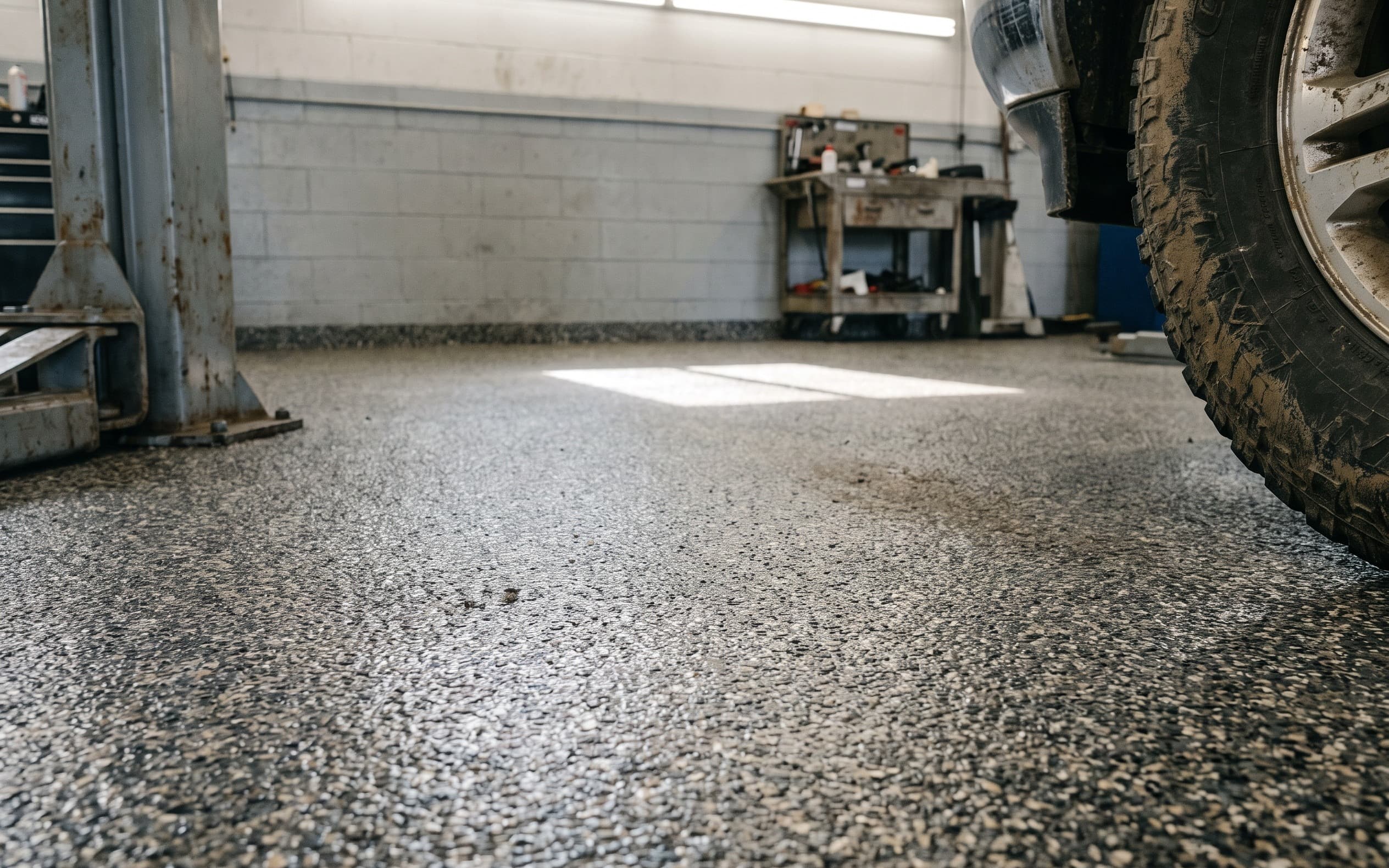 Service bay floor coated in charcoal, gray and tan flake under a clear coat, a lift post at the edge of frame