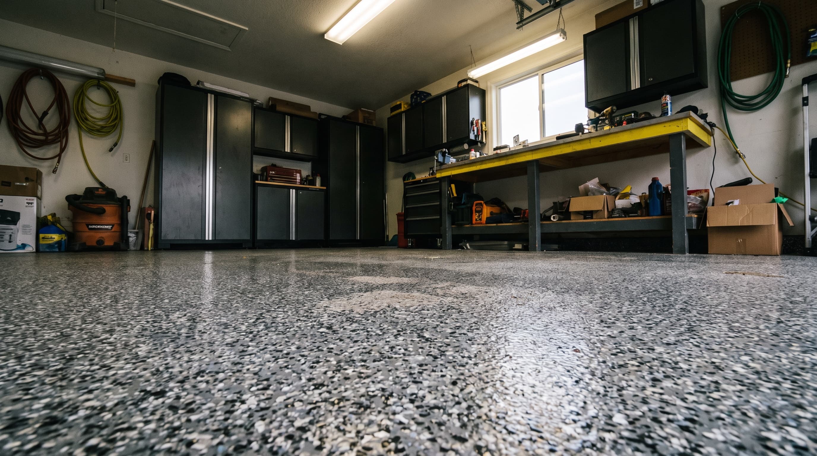 Garage floor with a grey, black and white full-broadcast flake coating