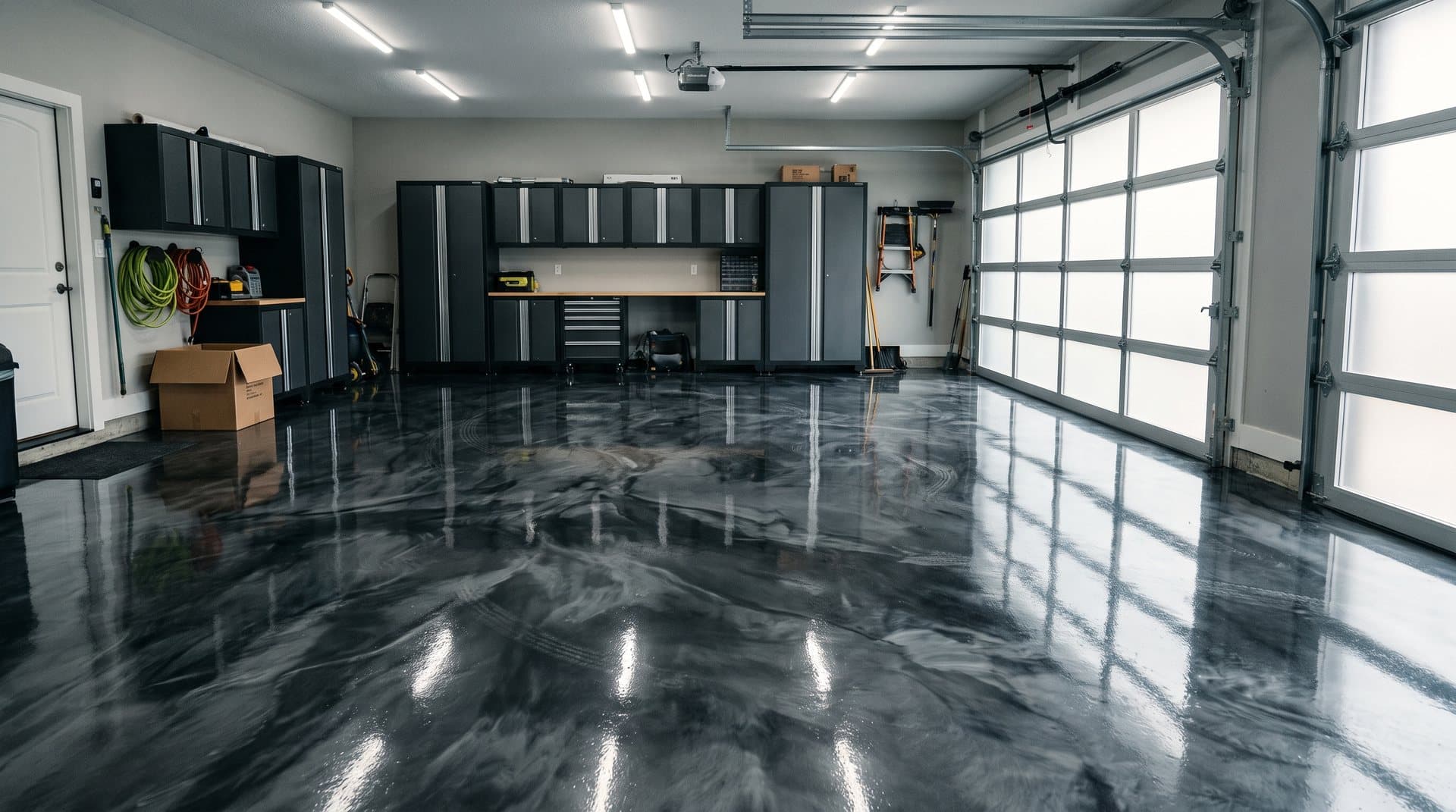 Residential garage floor with a charcoal metallic marble-effect coating