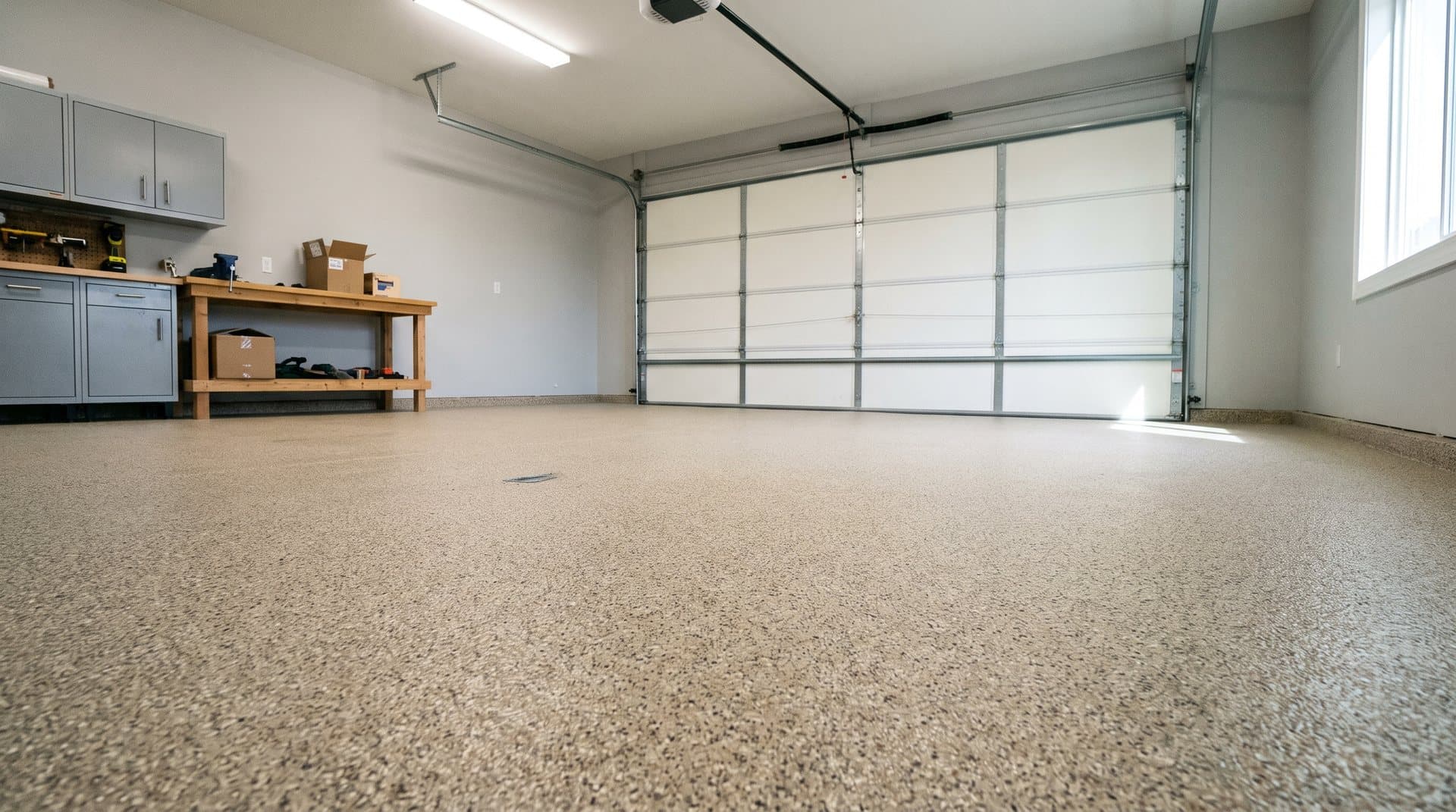 Residential garage floor with a sand-coloured quartz broadcast coating