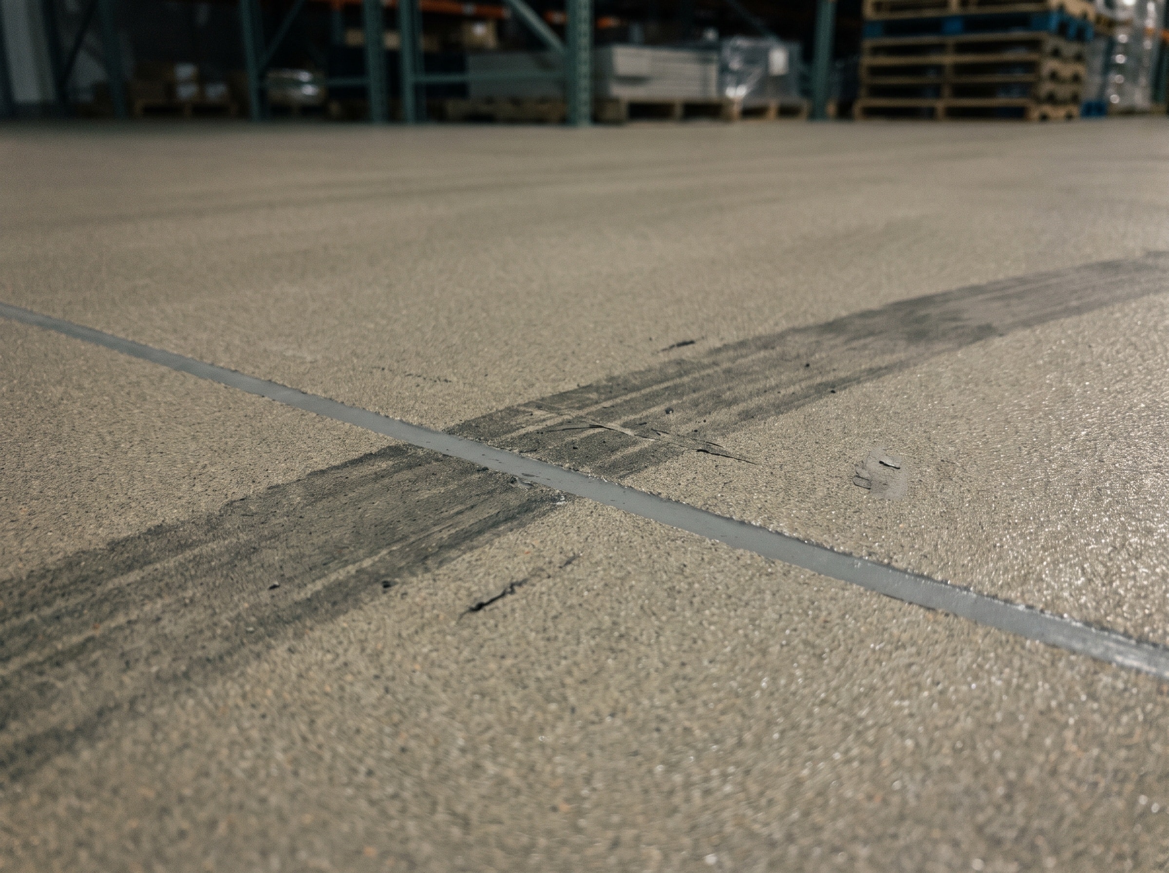 Close-up of a control joint in a warehouse slab, the joint filled flush and a forklift wheel track running across it