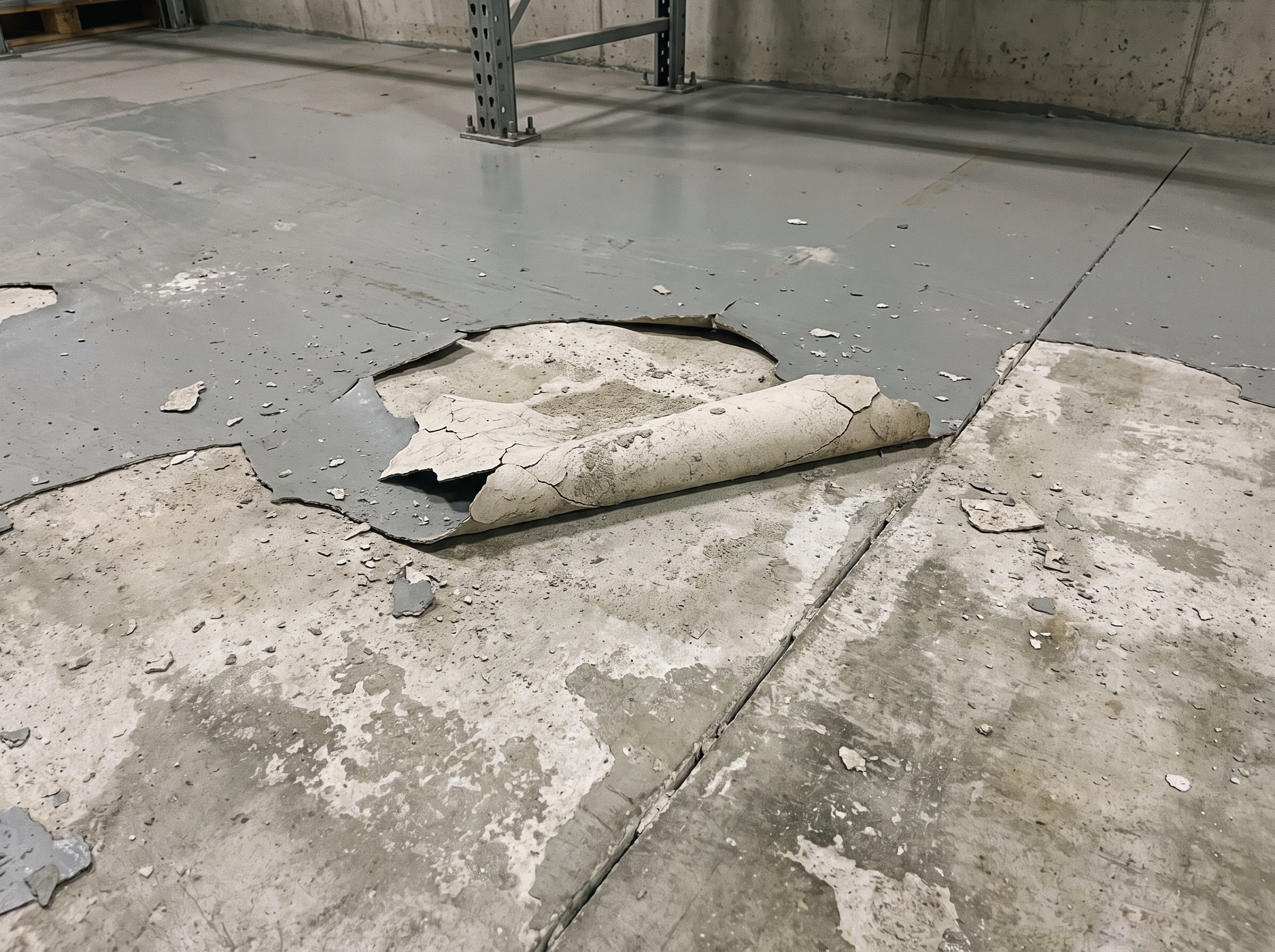 Old floor coating lifting off a warehouse slab in a sheet, gray powdery concrete on its back